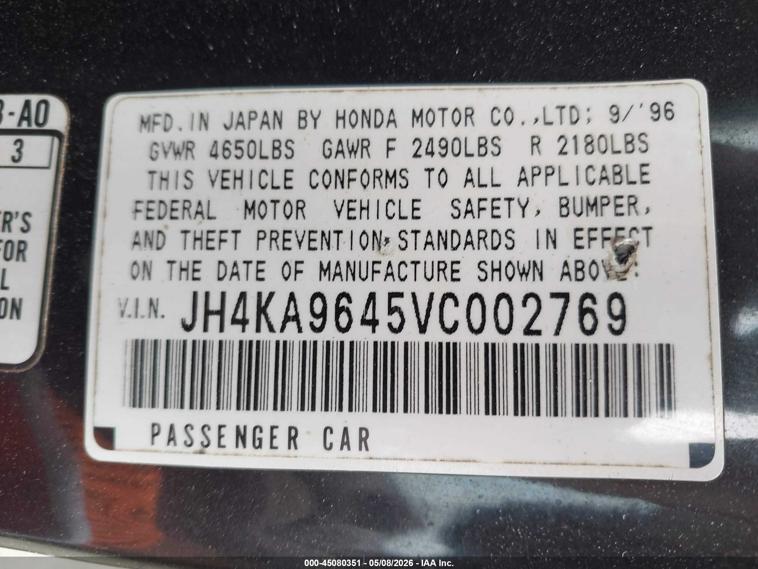 1997 Acura Rl 3.5 Black vin: JH4KA9645VC002769