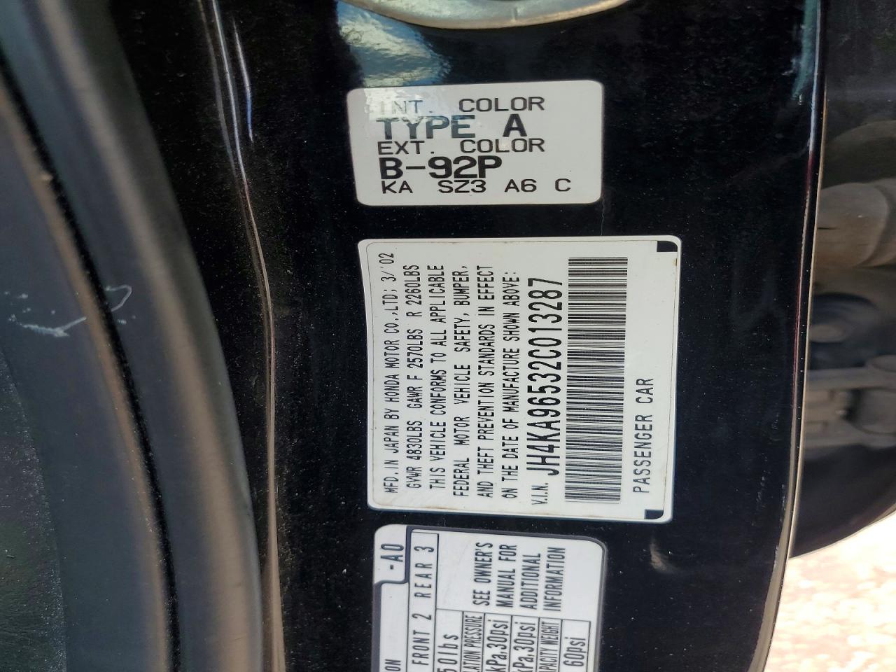 2002 Acura 3.5rl Black vin: JH4KA96532C013287
