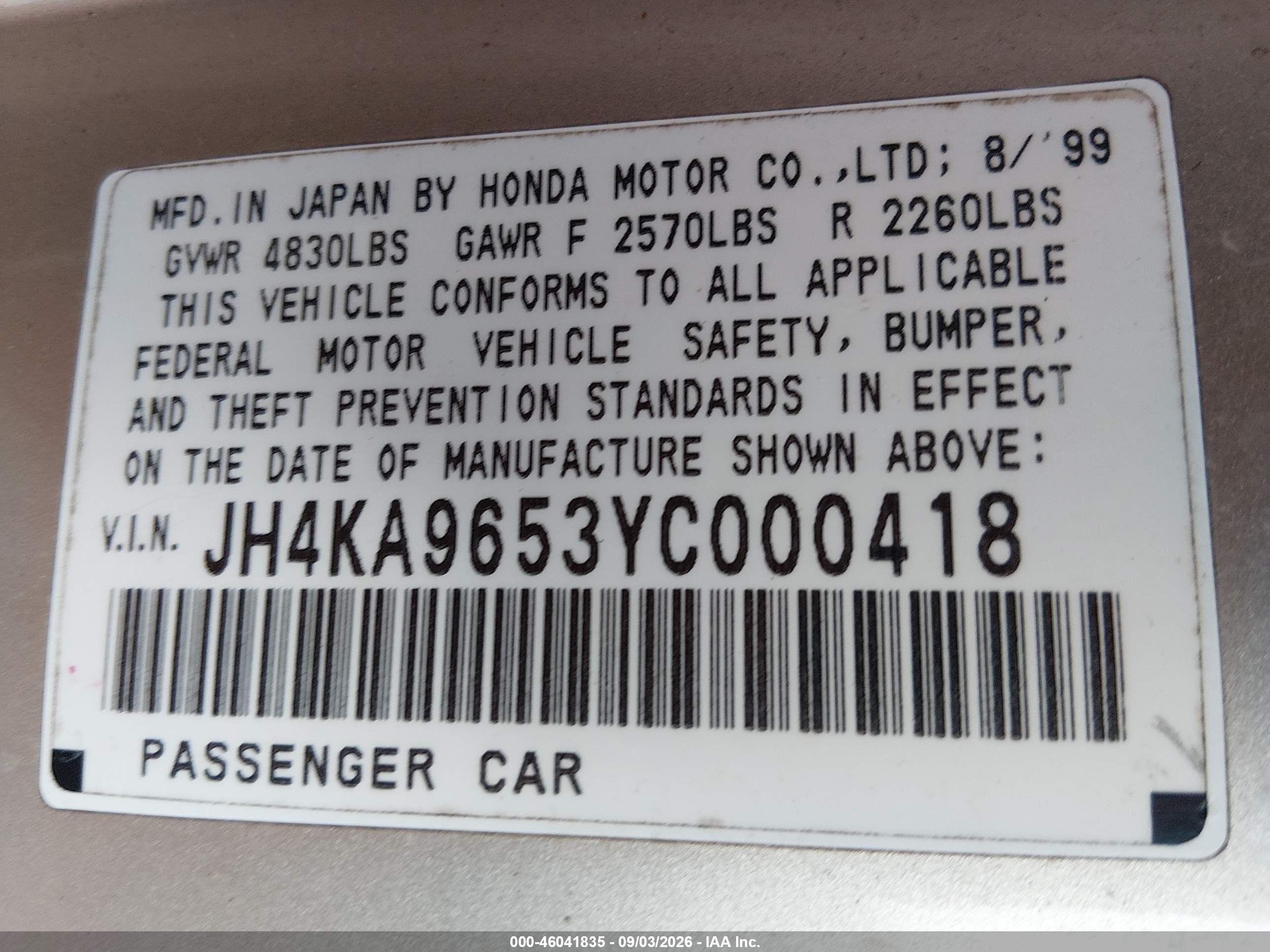 2000 Acura Rl 3.5 Gold vin: JH4KA9653YC000418