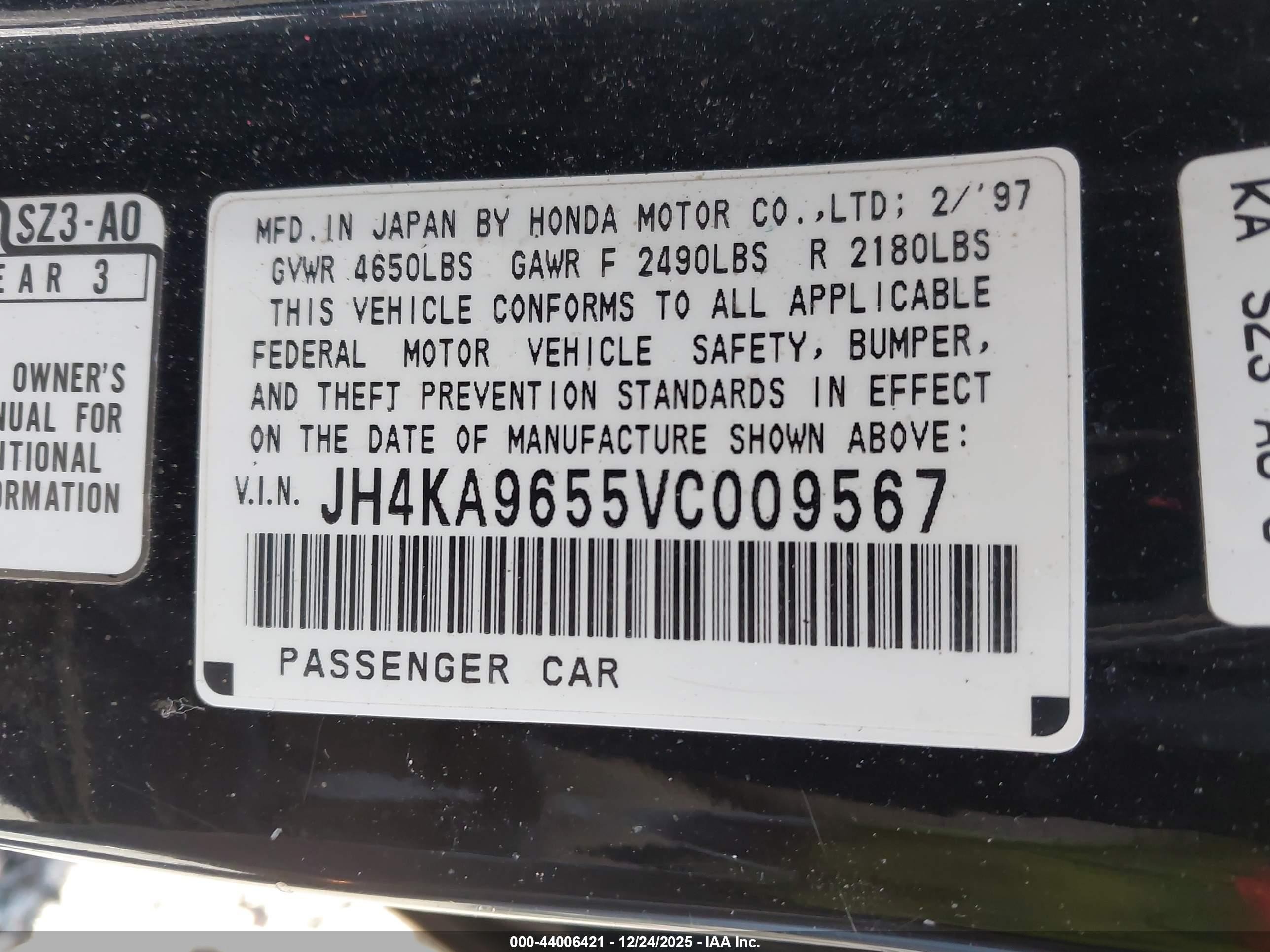 1997 Acura Rl 3.5 Black vin: JH4KA9655VC009567