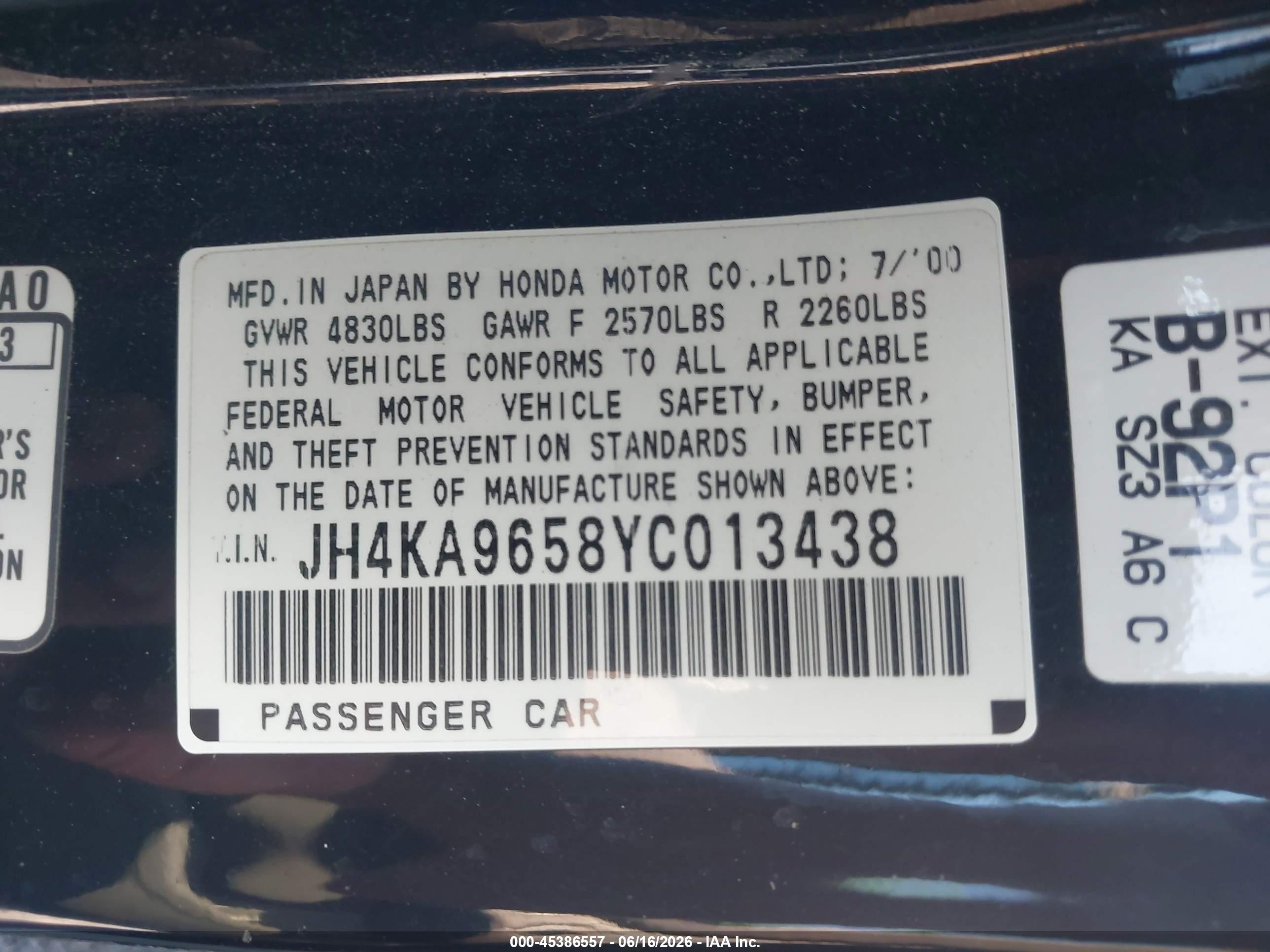 2000 Acura Rl 3.5 Черный vin: JH4KA9658YC013438