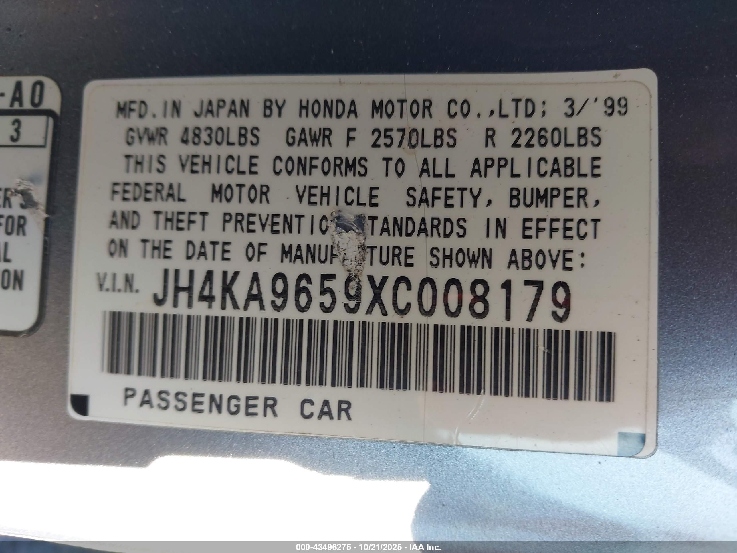 1999 Acura Rl 3.5 Silver vin: JH4KA9659XC008179