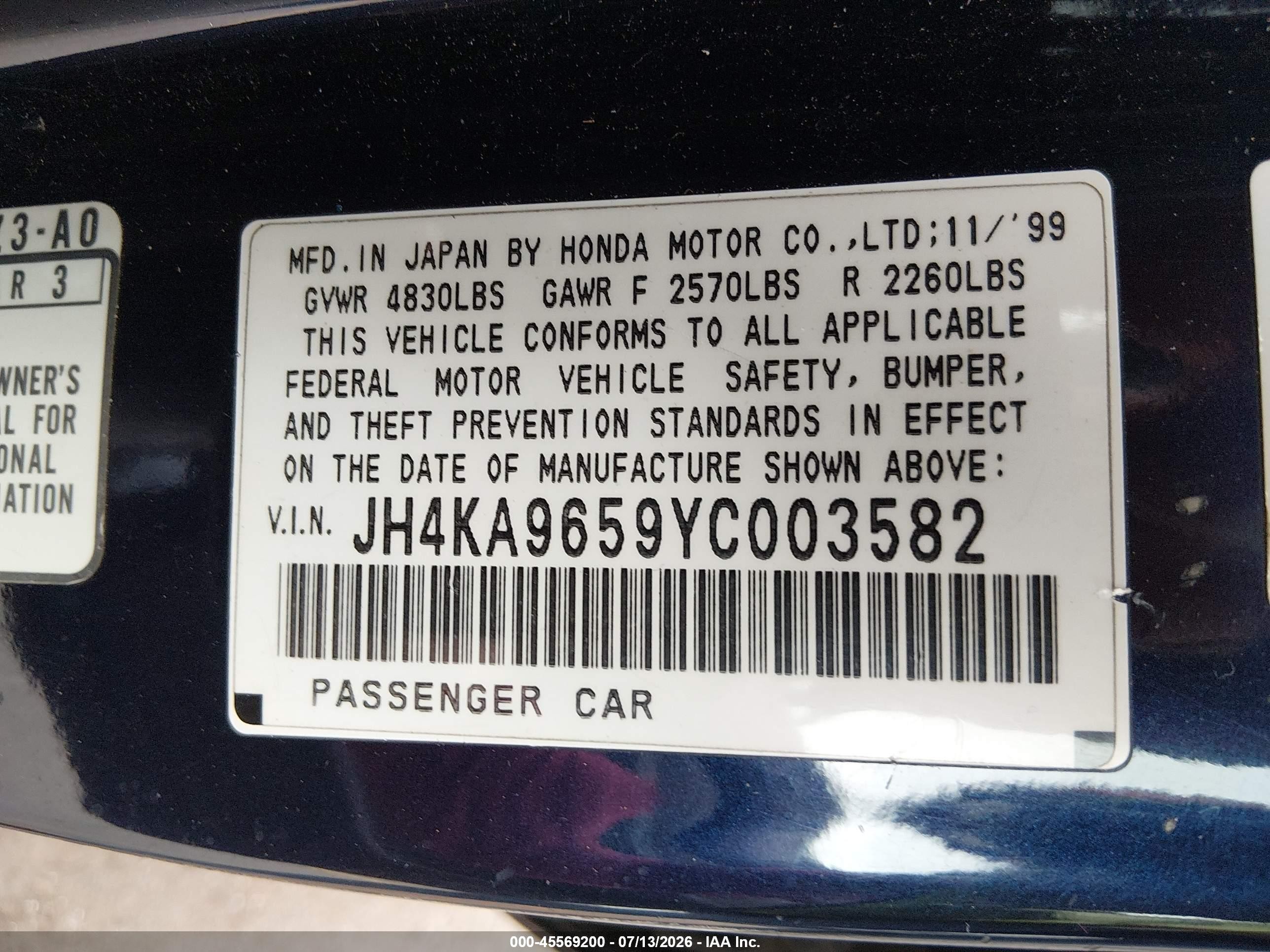 2000 Acura Rl 3.5 Dark Blue vin: JH4KA9659YC003582