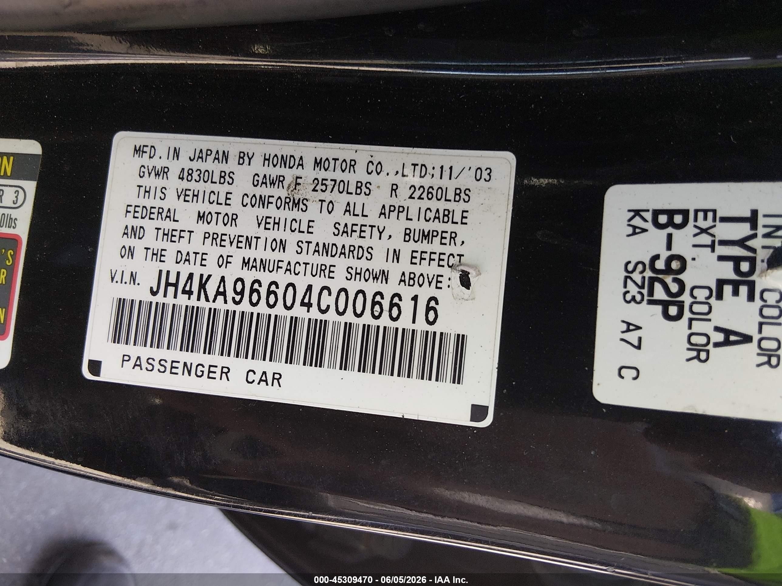 2004 Acura Rl 3.5 Black vin: JH4KA96604C006616