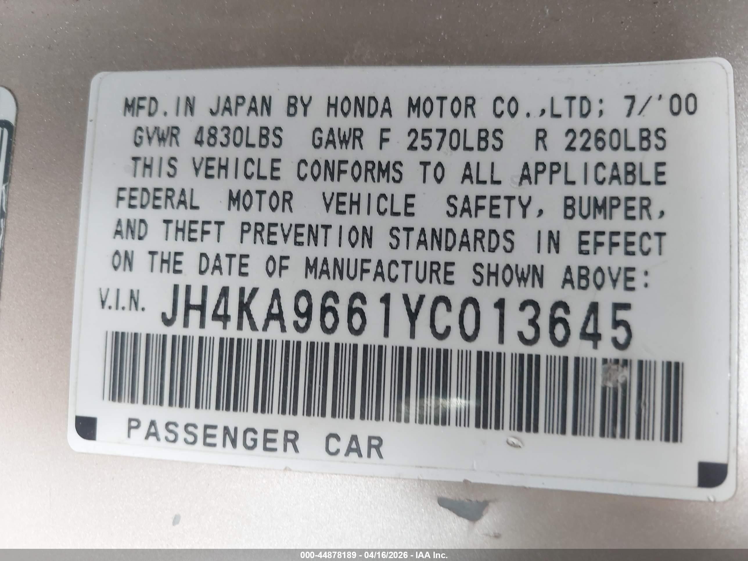 2000 Acura Rl 3.5 Champagne vin: JH4KA9661YC013645