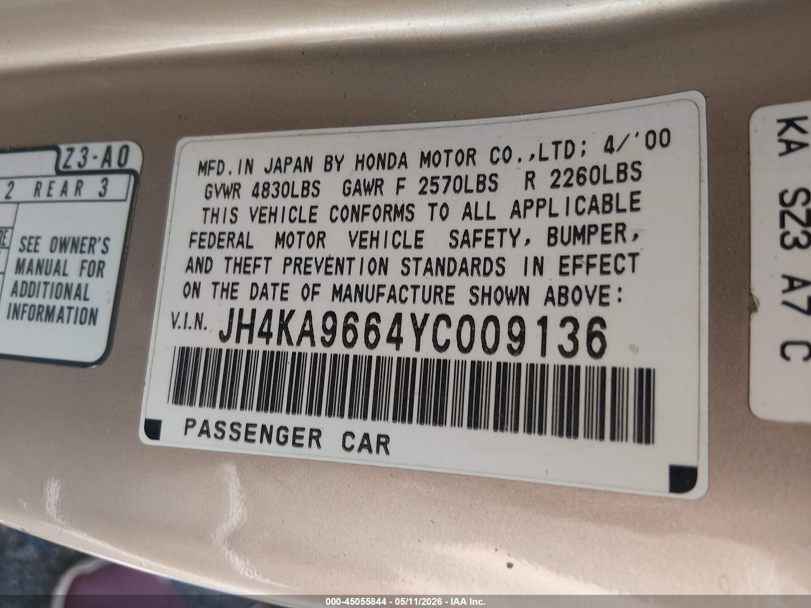 2000 Acura Rl 3.5 Gold vin: JH4KA9664YC009136