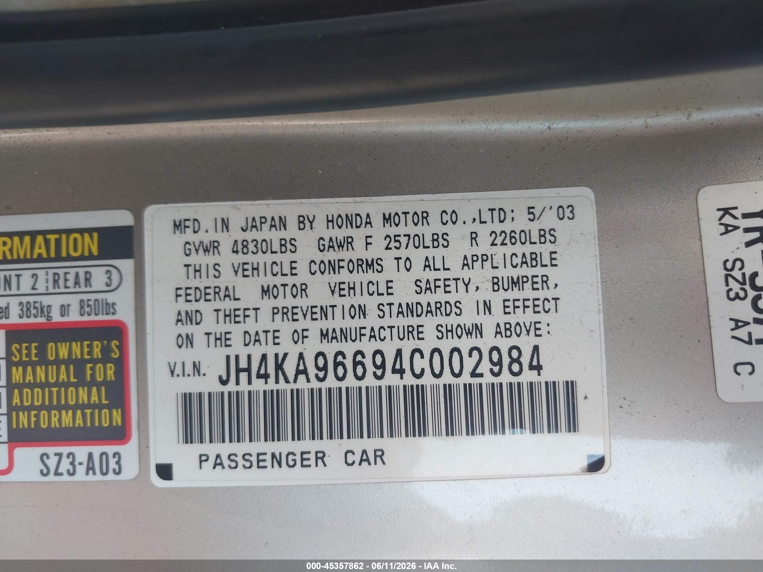 2004 Acura Rl 3.5 Gold vin: JH4KA96694C002984