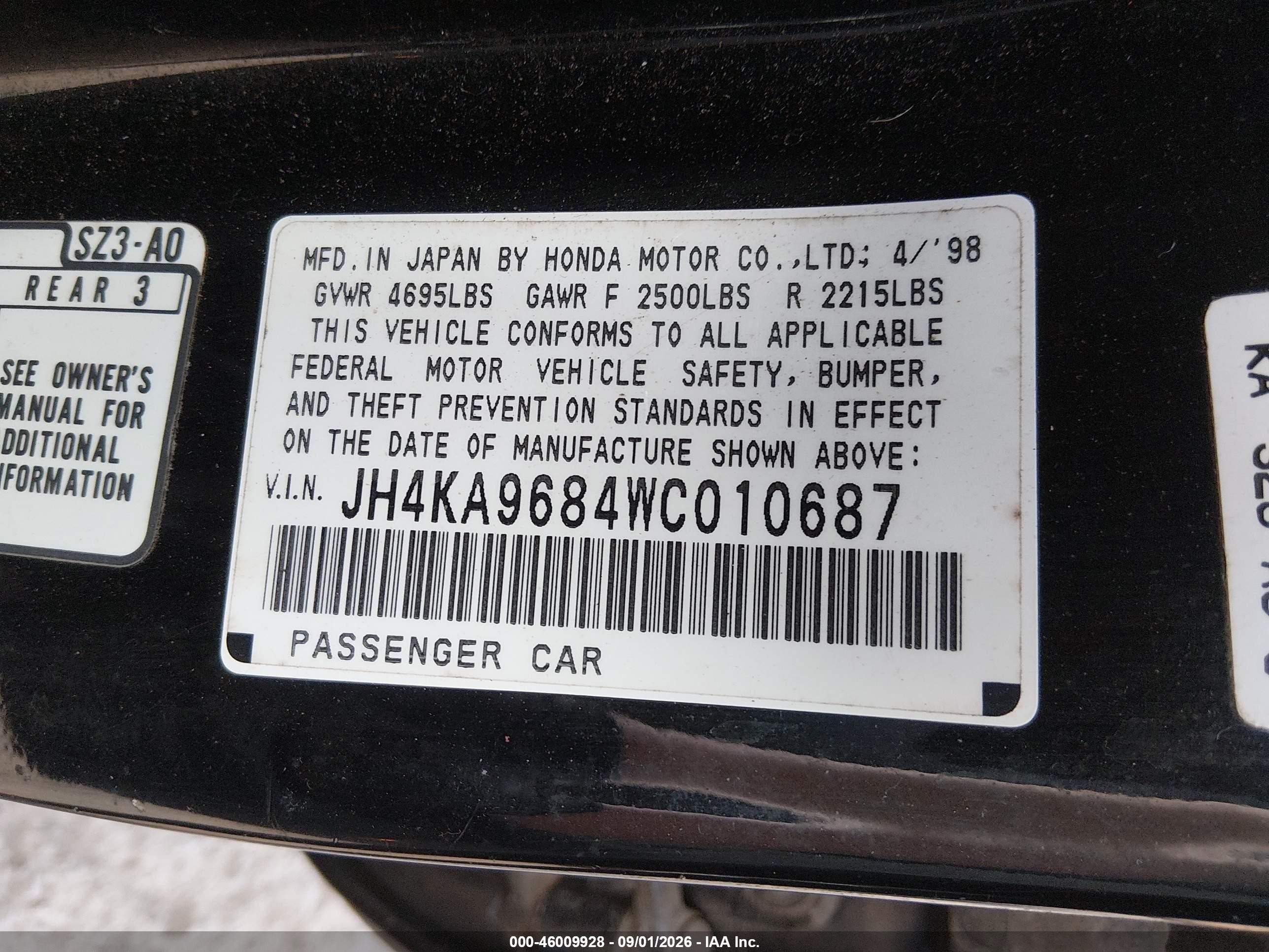1998 Acura Rl 3.5 Black vin: JH4KA9684WC010687