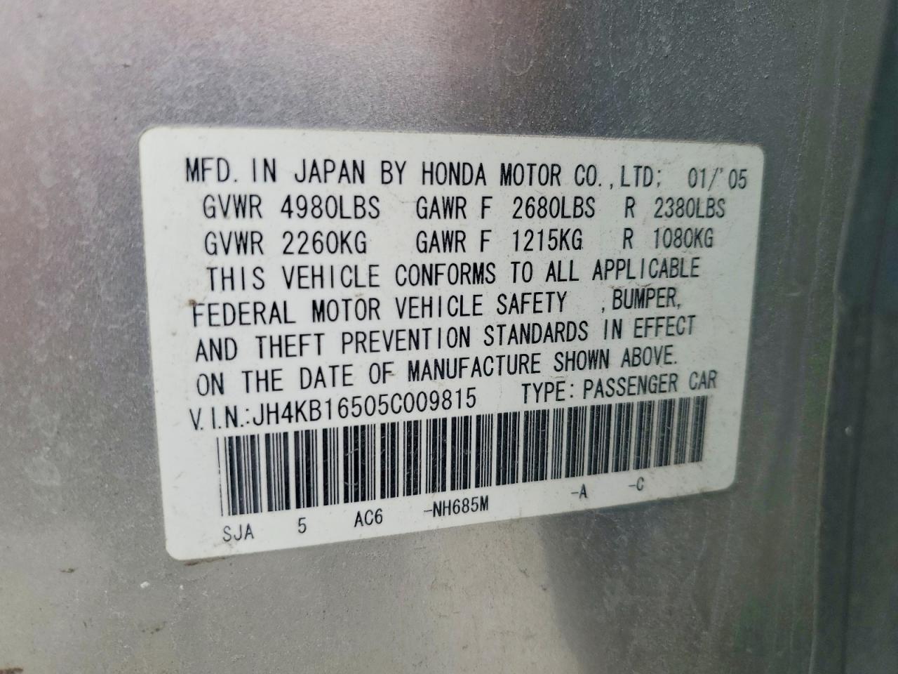 2005 Acura Rl Silver vin: JH4KB16505C009815