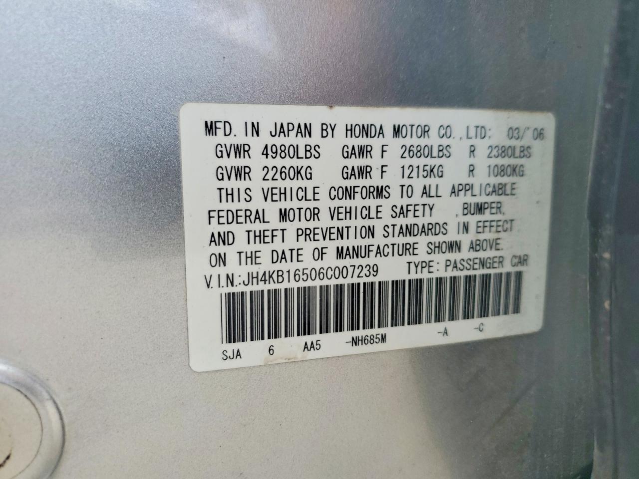 2006 Acura Rl Silver vin: JH4KB16506C007239