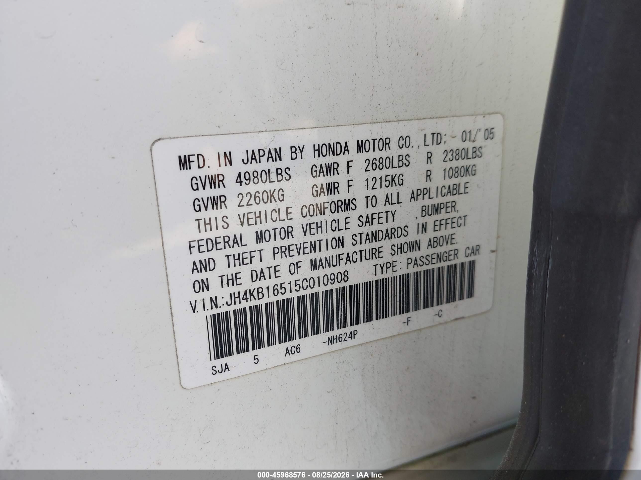 2005 Acura Rl 3.5 White vin: JH4KB16515C010908