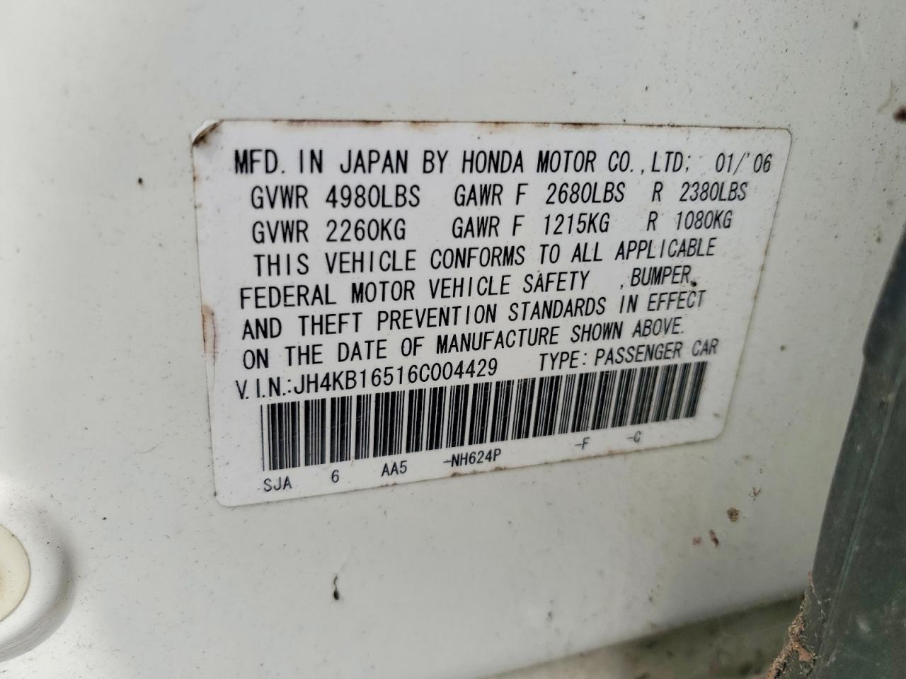 2006 Acura Rl White vin: JH4KB16516C004429