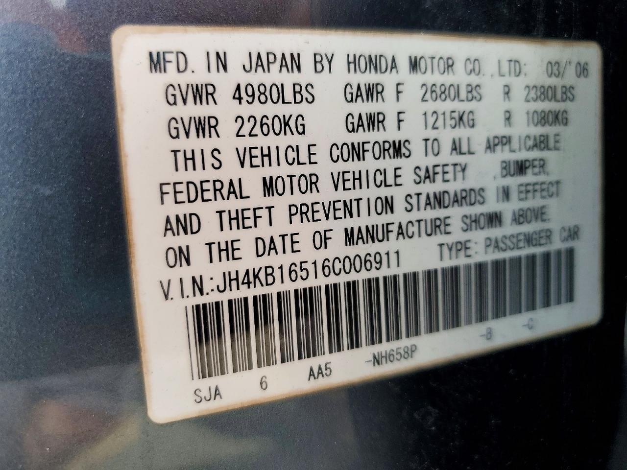 2006 Acura Rl Gray vin: JH4KB16516C006911