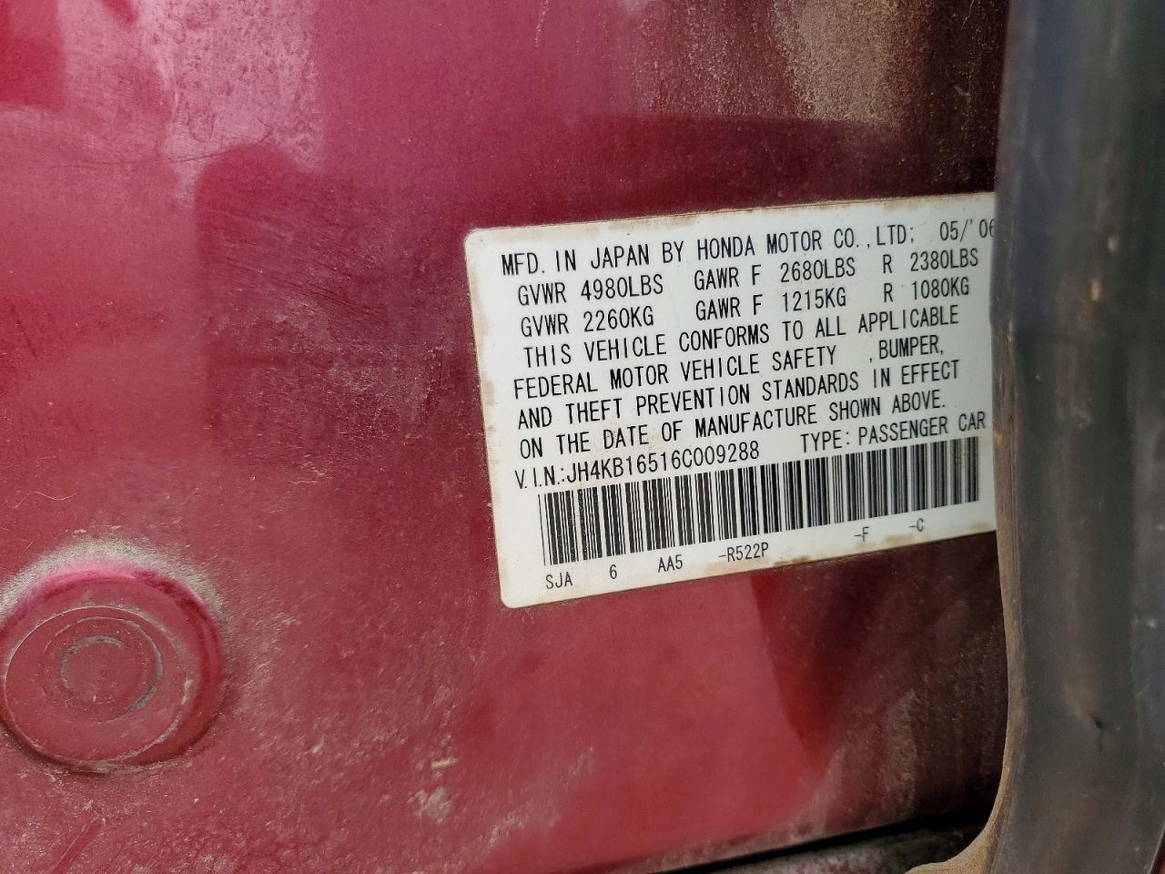 2006 Acura Rl Maroon vin: JH4KB16516C009288