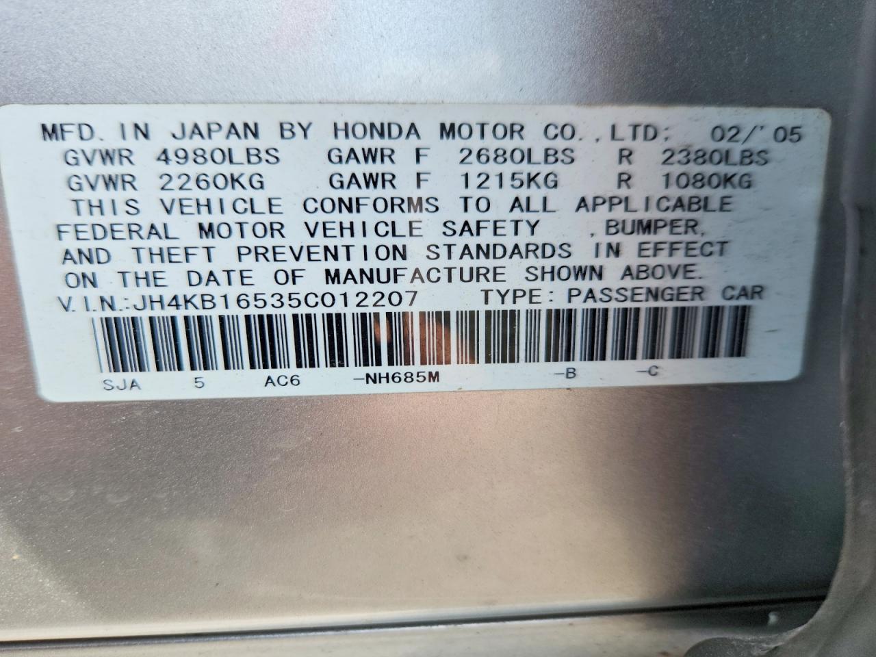2005 Acura Rl Silver vin: JH4KB16535C012207