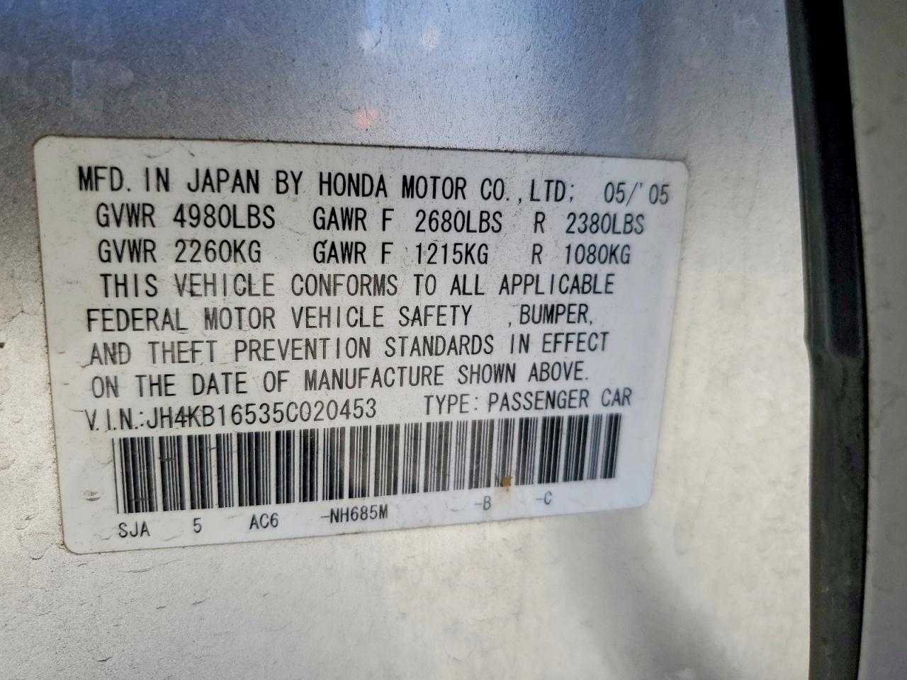 2005 Acura Rl Silver vin: JH4KB16535C020453