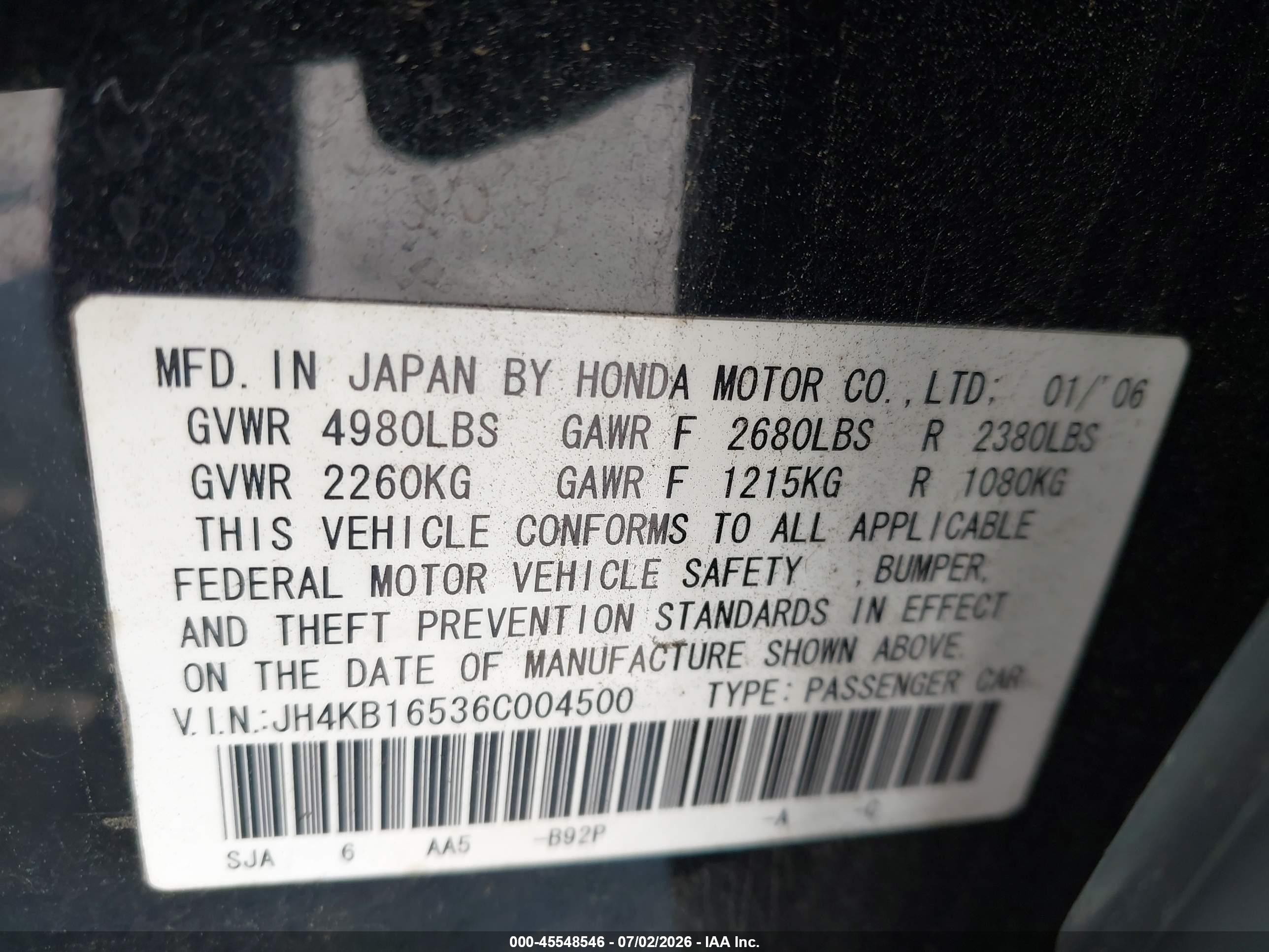 2006 Acura Rl 3.5 Black vin: JH4KB16536C004500
