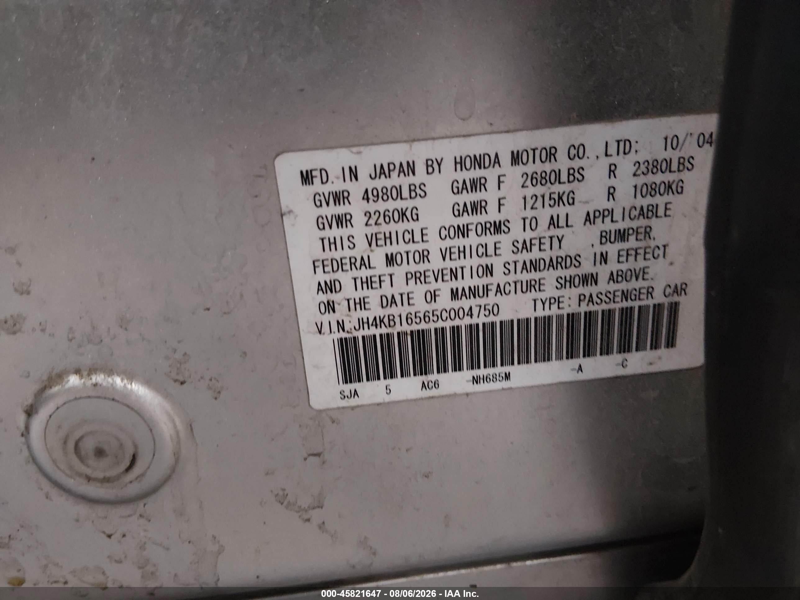 2005 Acura Rl 3.5 Gray vin: JH4KB16565C004750