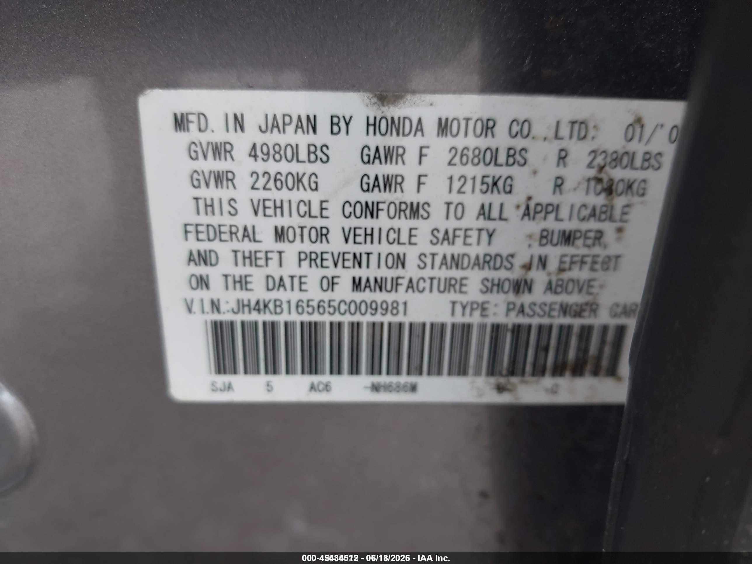 2005 Acura Rl 3.5 Gray vin: JH4KB16565C009981