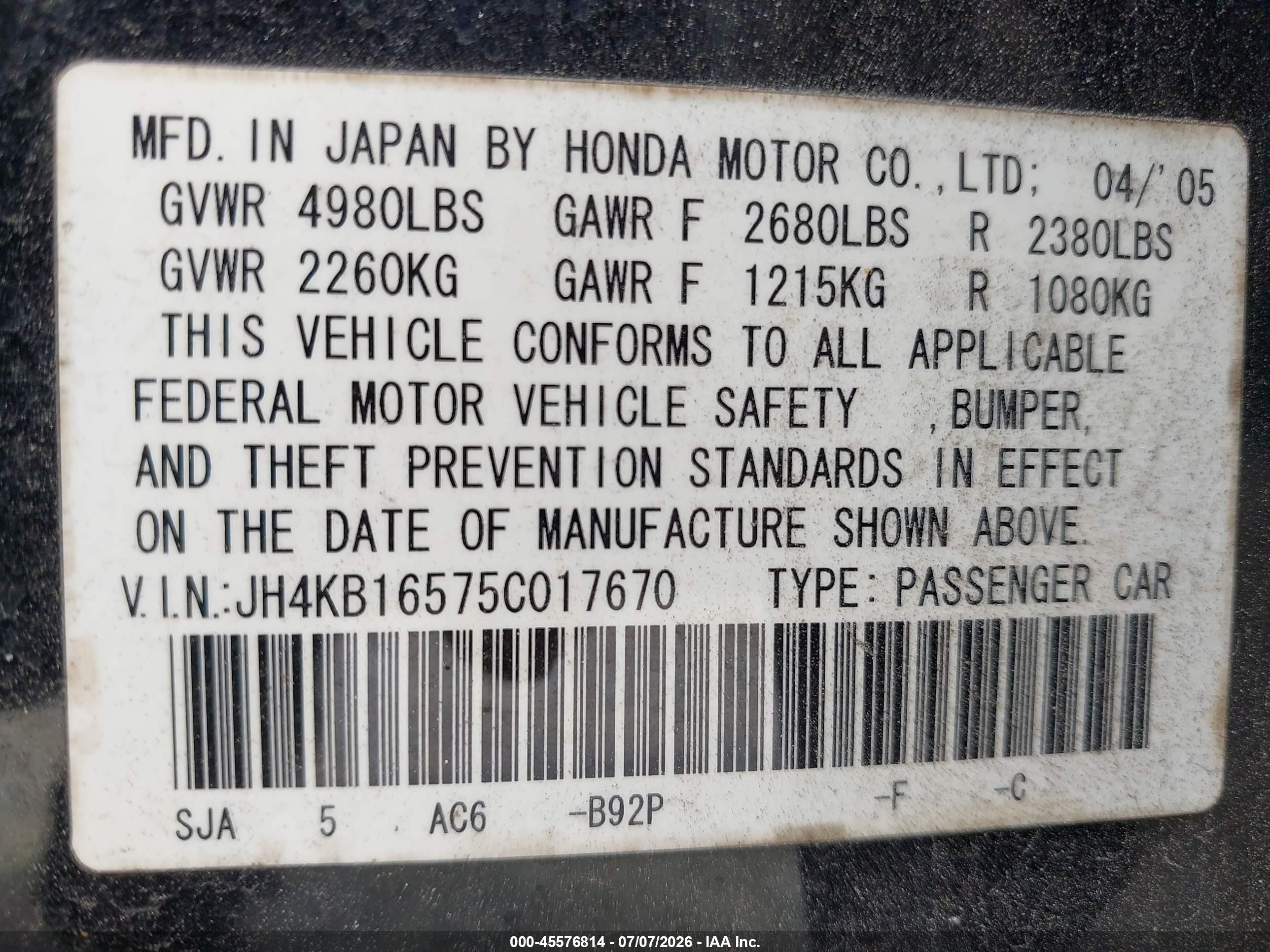 2005 Acura Rl 3.5 Black vin: JH4KB16575C017670