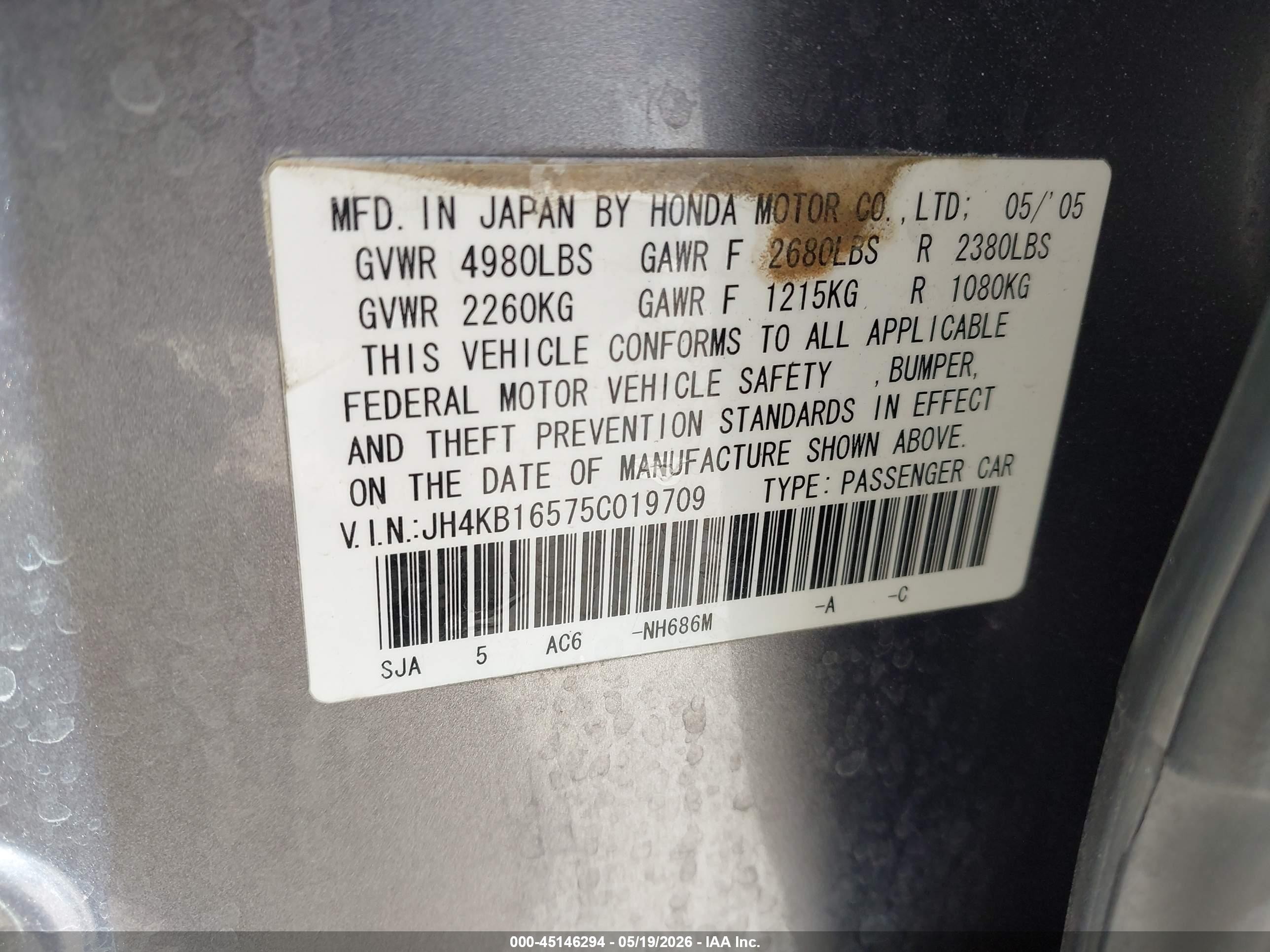 2005 Acura Rl 3.5 Silver vin: JH4KB16575C019709