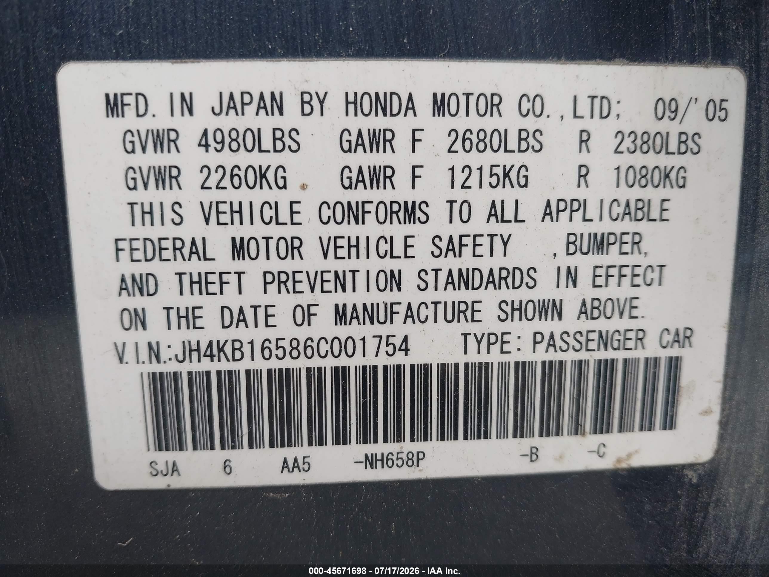 2006 Acura Rl 3.5 Gray vin: JH4KB16586C001754