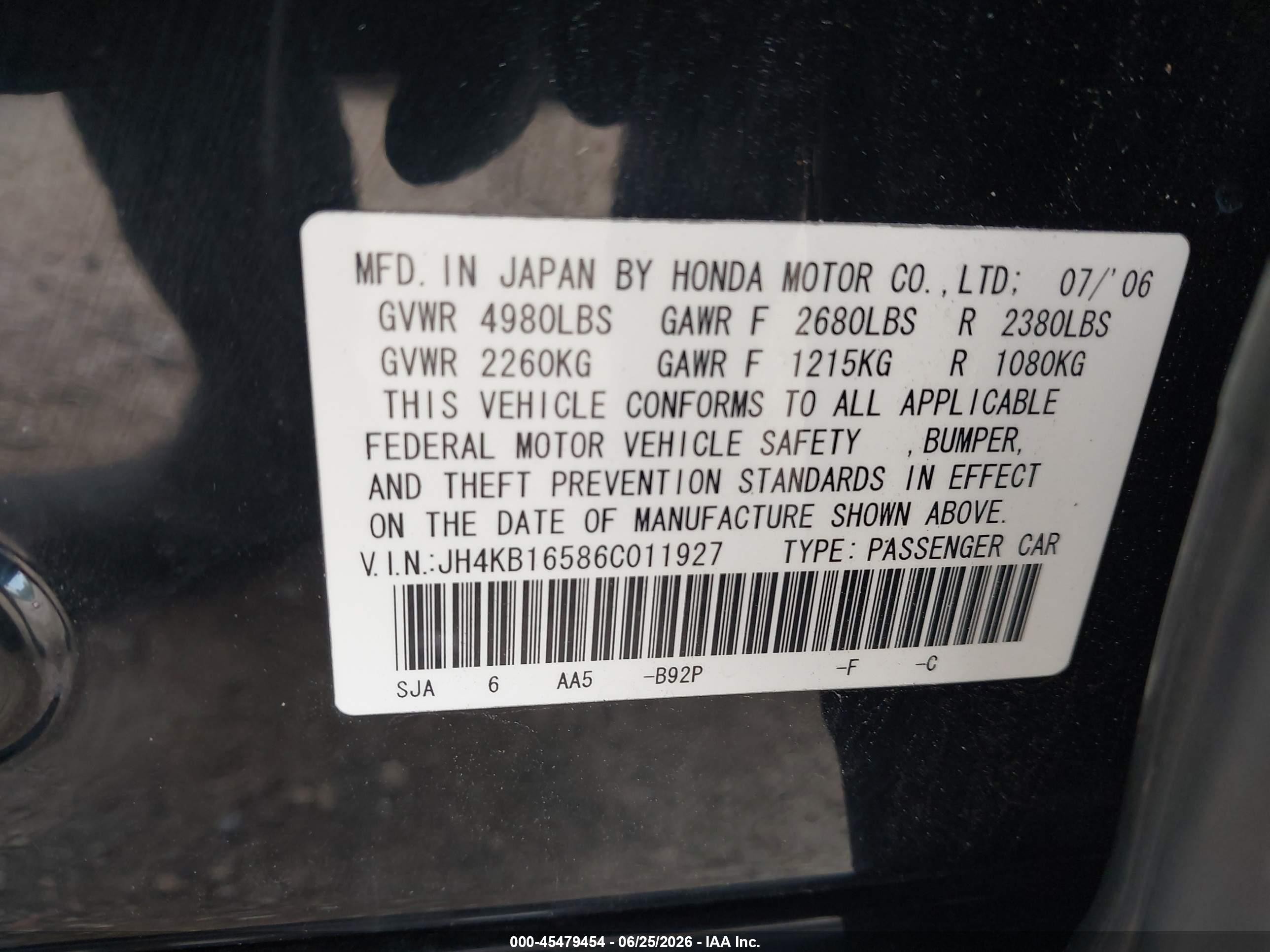 2006 Acura Rl 3.5 Black vin: JH4KB16586C011927