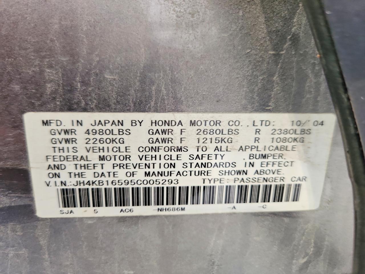 2005 Acura Rl Gray vin: JH4KB16595C005293