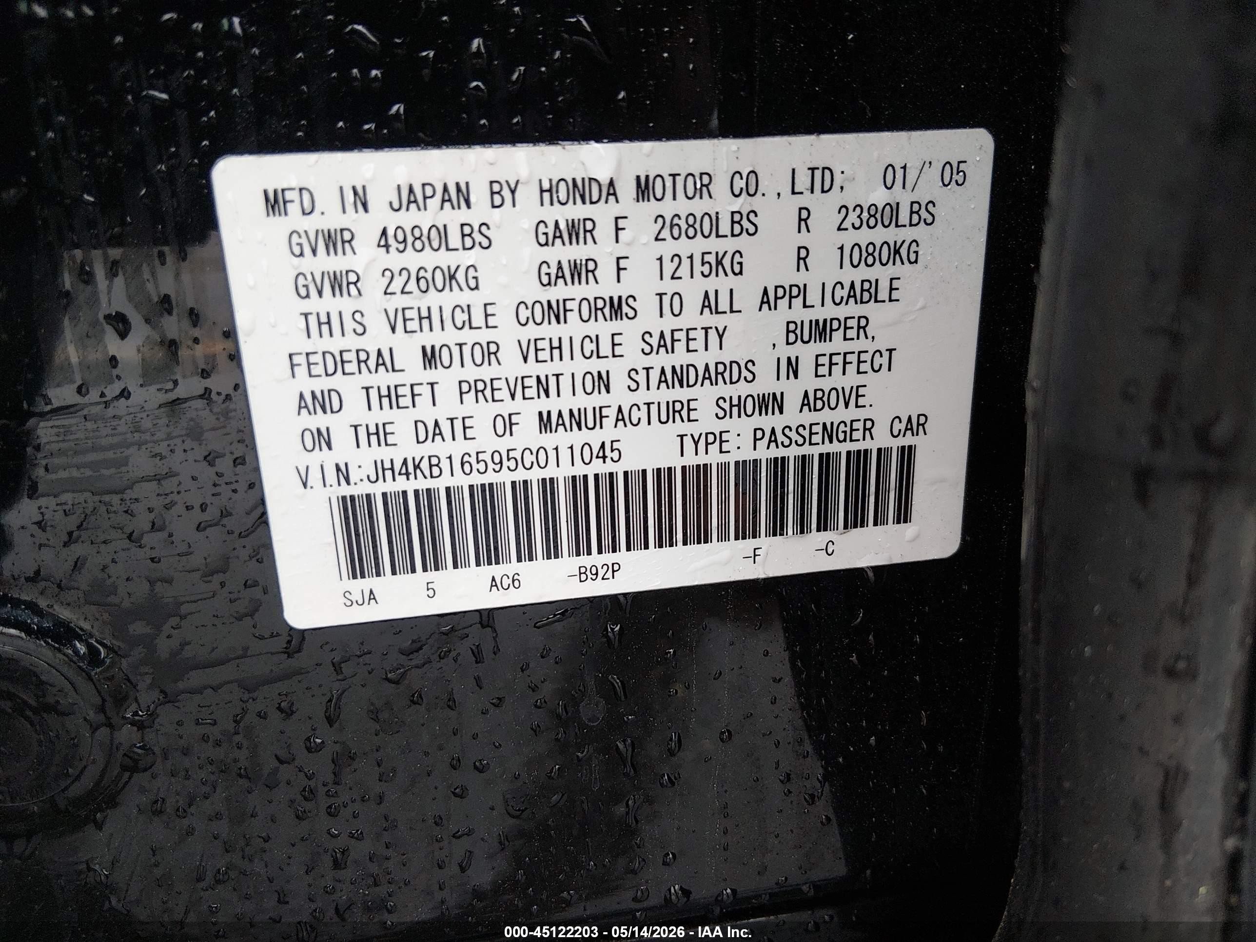 2005 Acura Rl 3.5 Black vin: JH4KB16595C011045