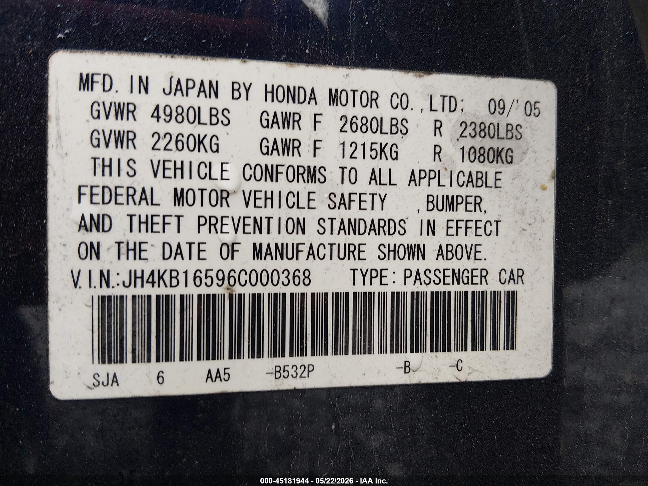 2006 Acura Rl 3.5 Blue vin: JH4KB16596C000368