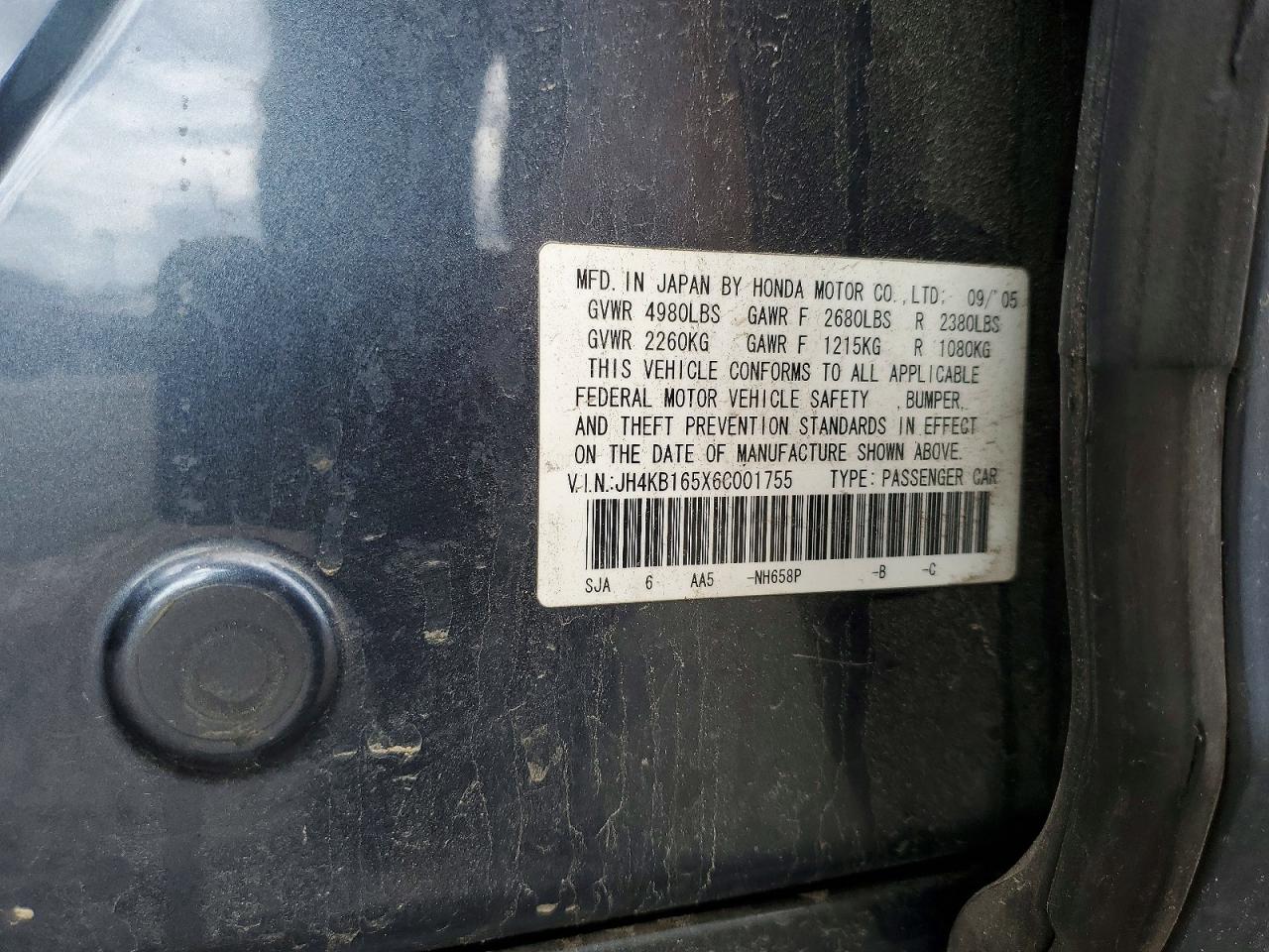 2006 Acura Rl Gray vin: JH4KB165X6C001755