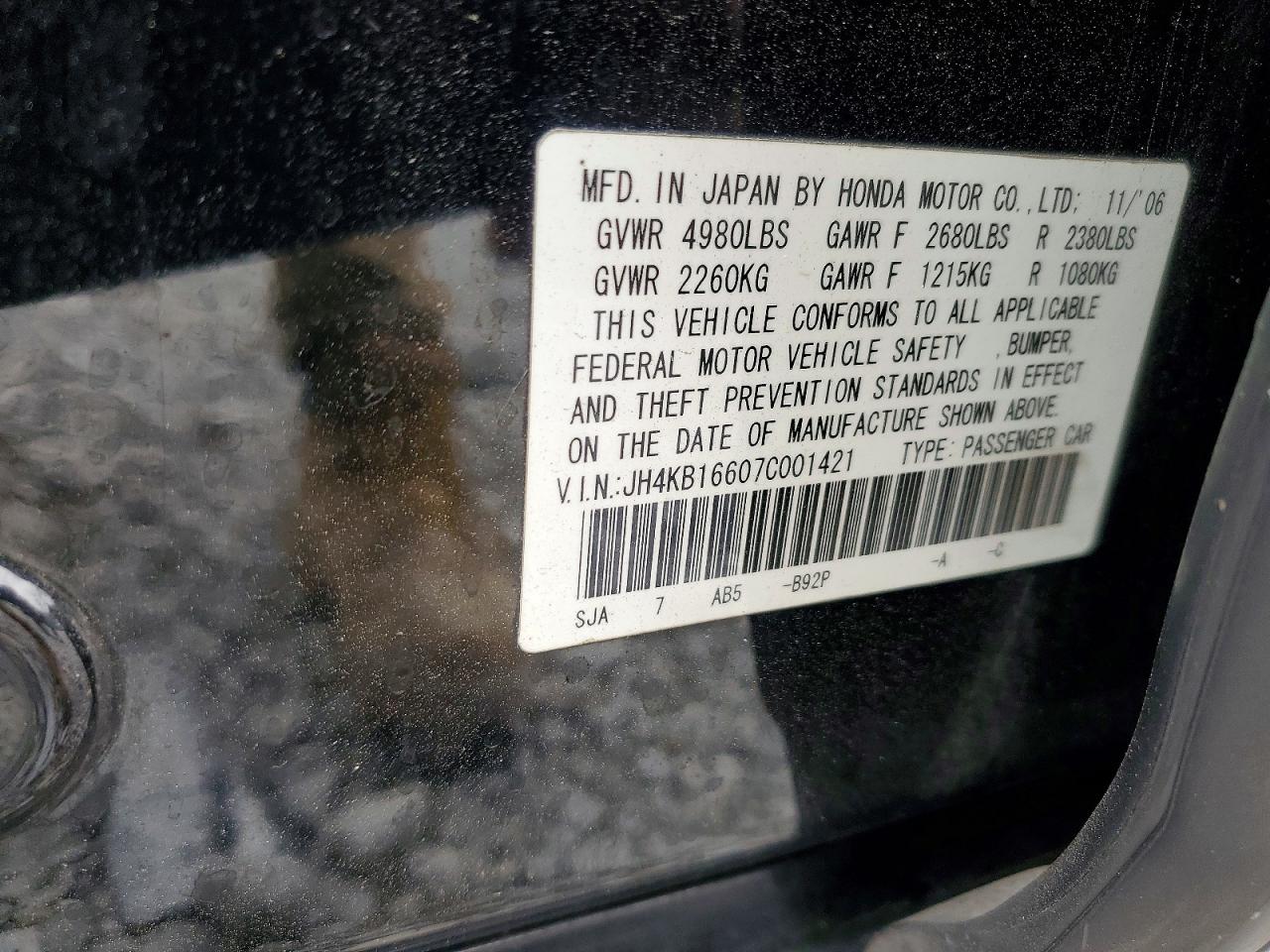 2007 Acura Rl Black vin: JH4KB16607C001421