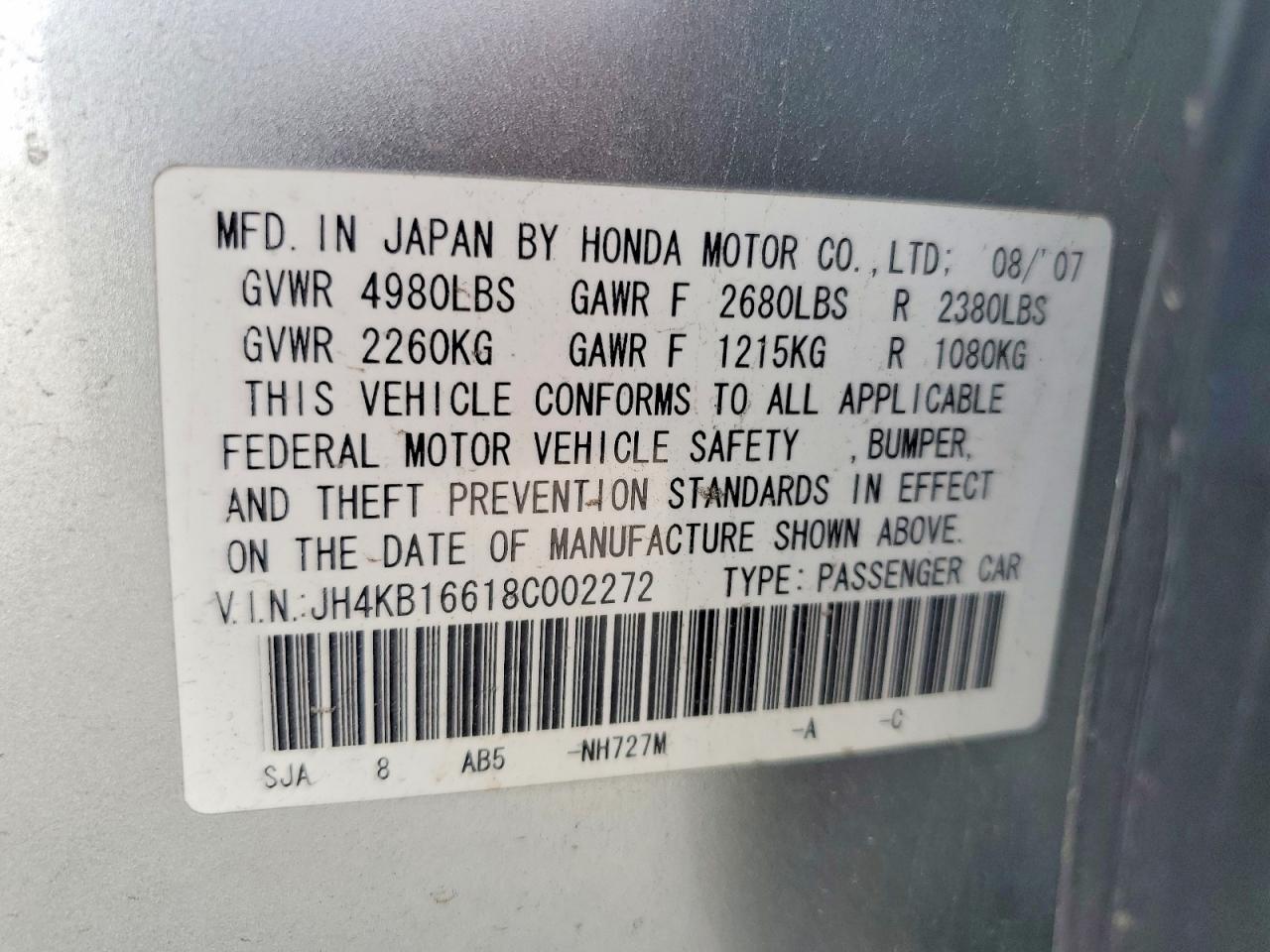 2008 Acura Rl Gray vin: JH4KB16618C002272