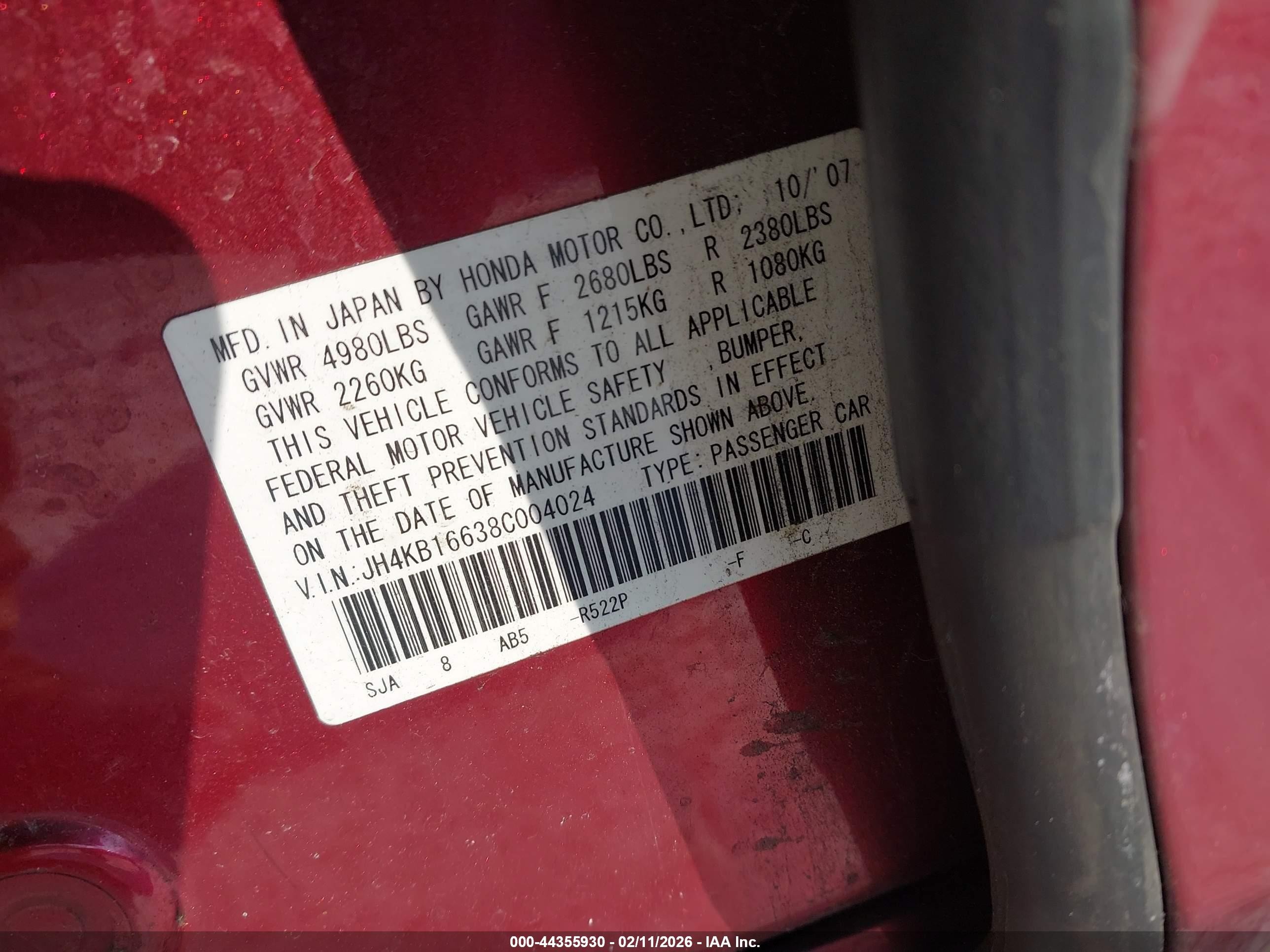 2008 Acura Rl 3.5 Red vin: JH4KB16638C004024