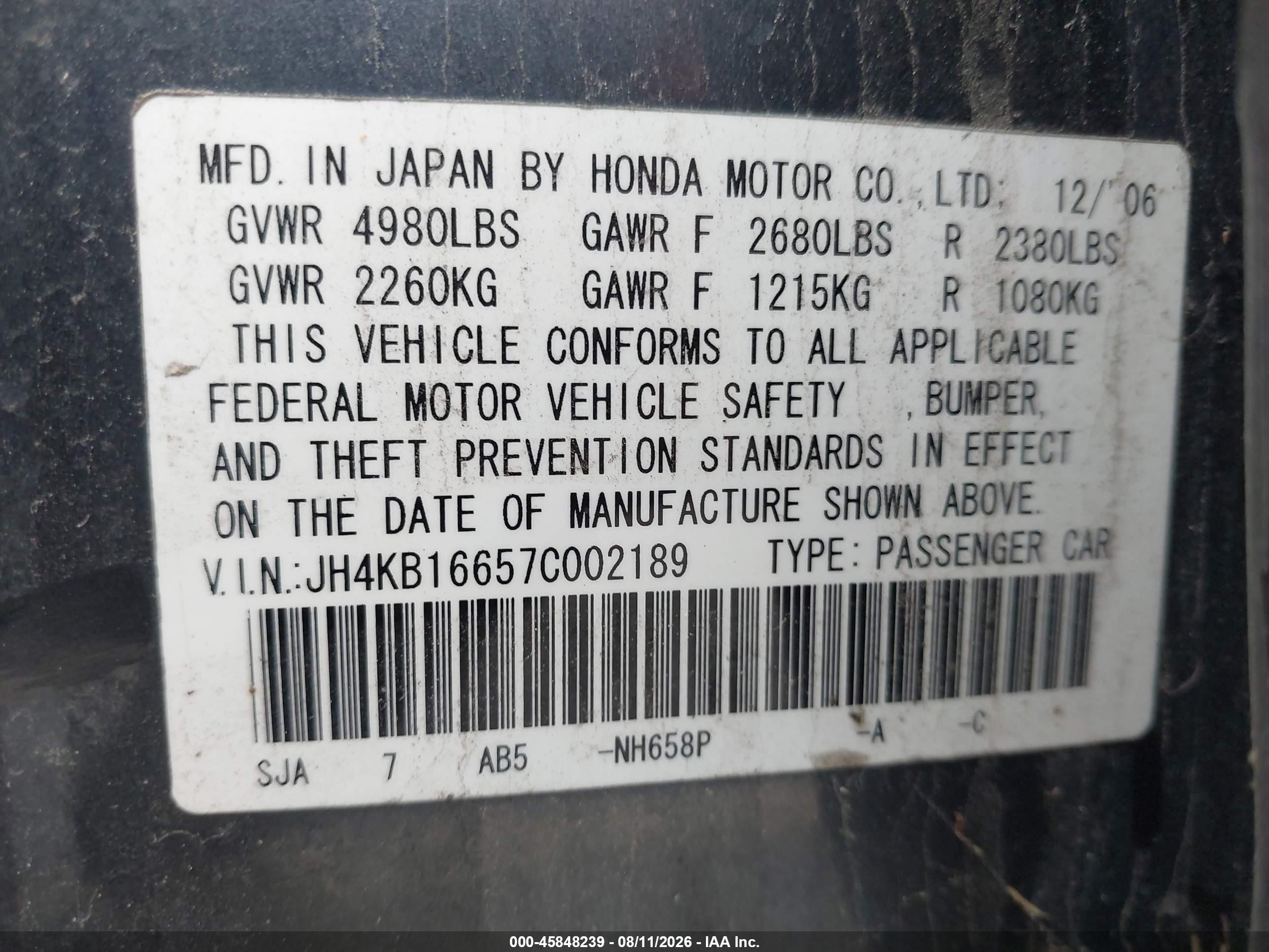 2007 Acura Rl 3.5 Gray vin: JH4KB16657C002189