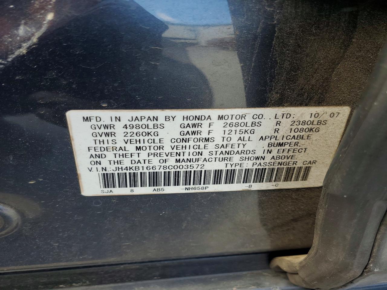 2008 Acura Rl Gray vin: JH4KB16678C003572