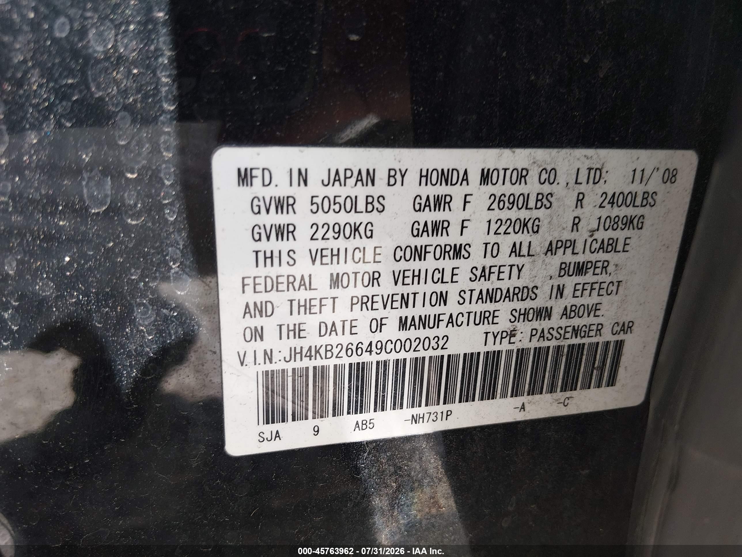 2009 Acura Rl 3.7 Black vin: JH4KB26649C002032
