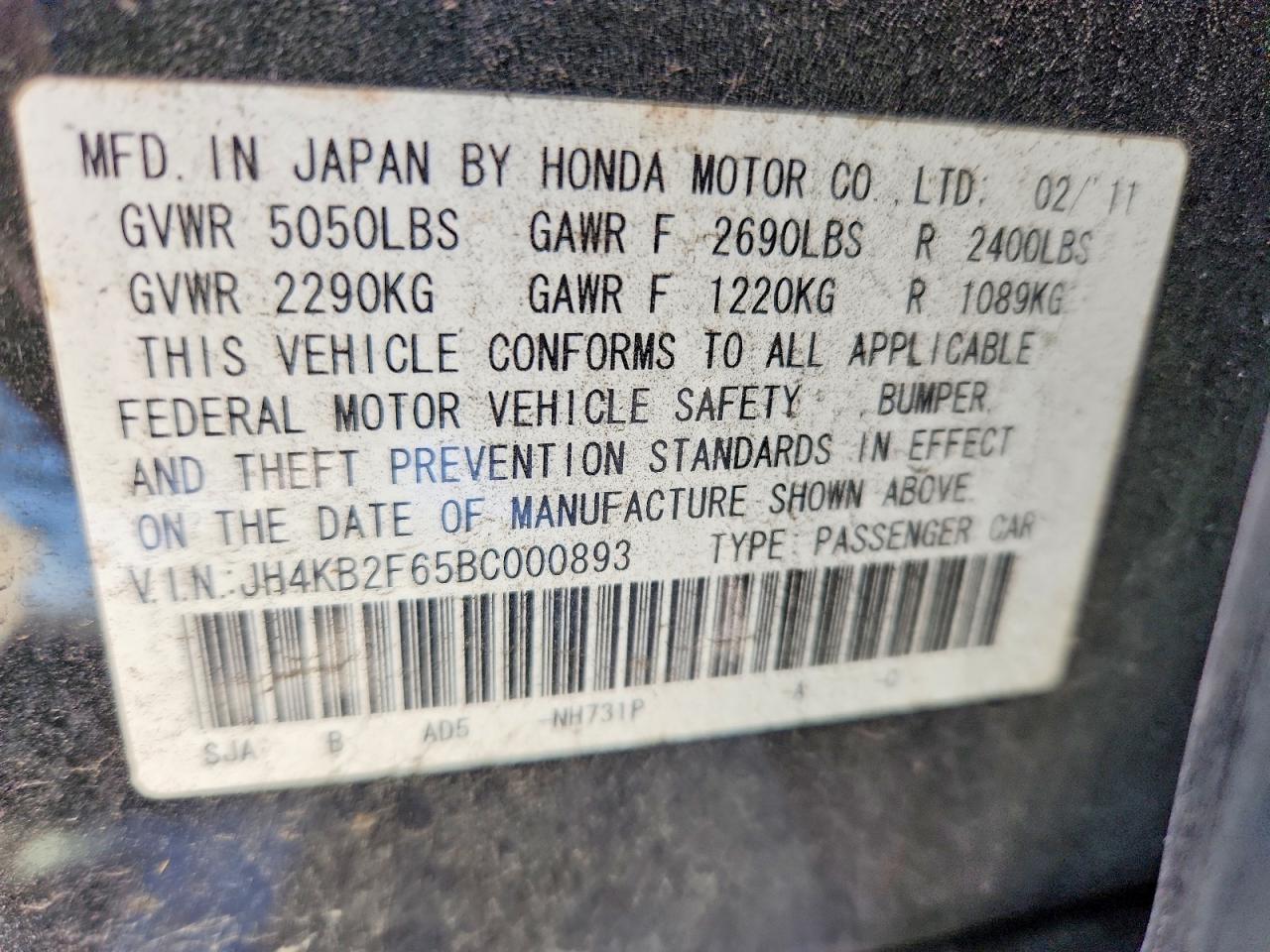 2011 Acura Rl Black vin: JH4KB2F65BC000893