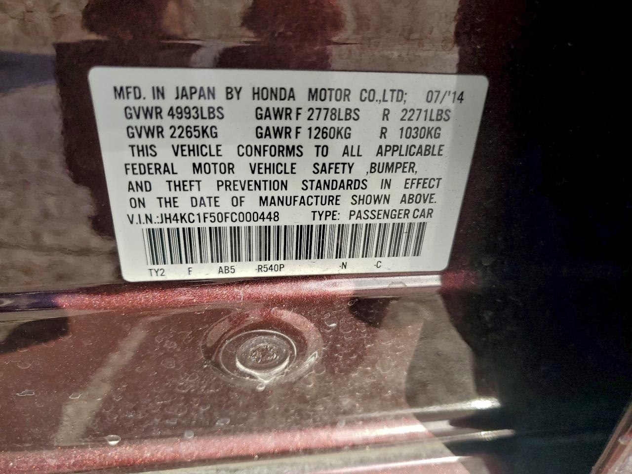 2015 Acura Rlx Tech Burgundy vin: JH4KC1F50FC000448