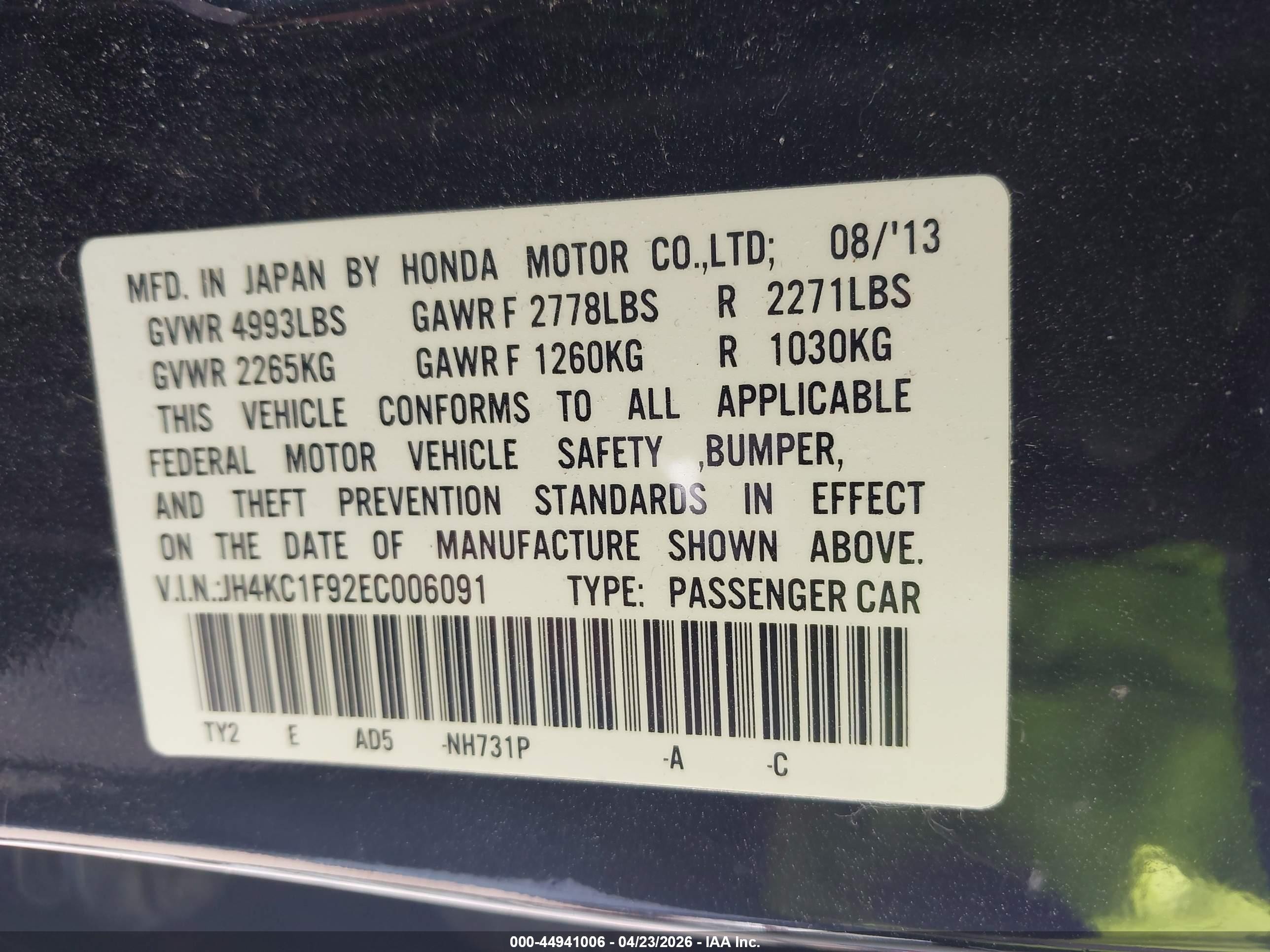 2014 Acura Rlx   Black vin: JH4KC1F92EC006091