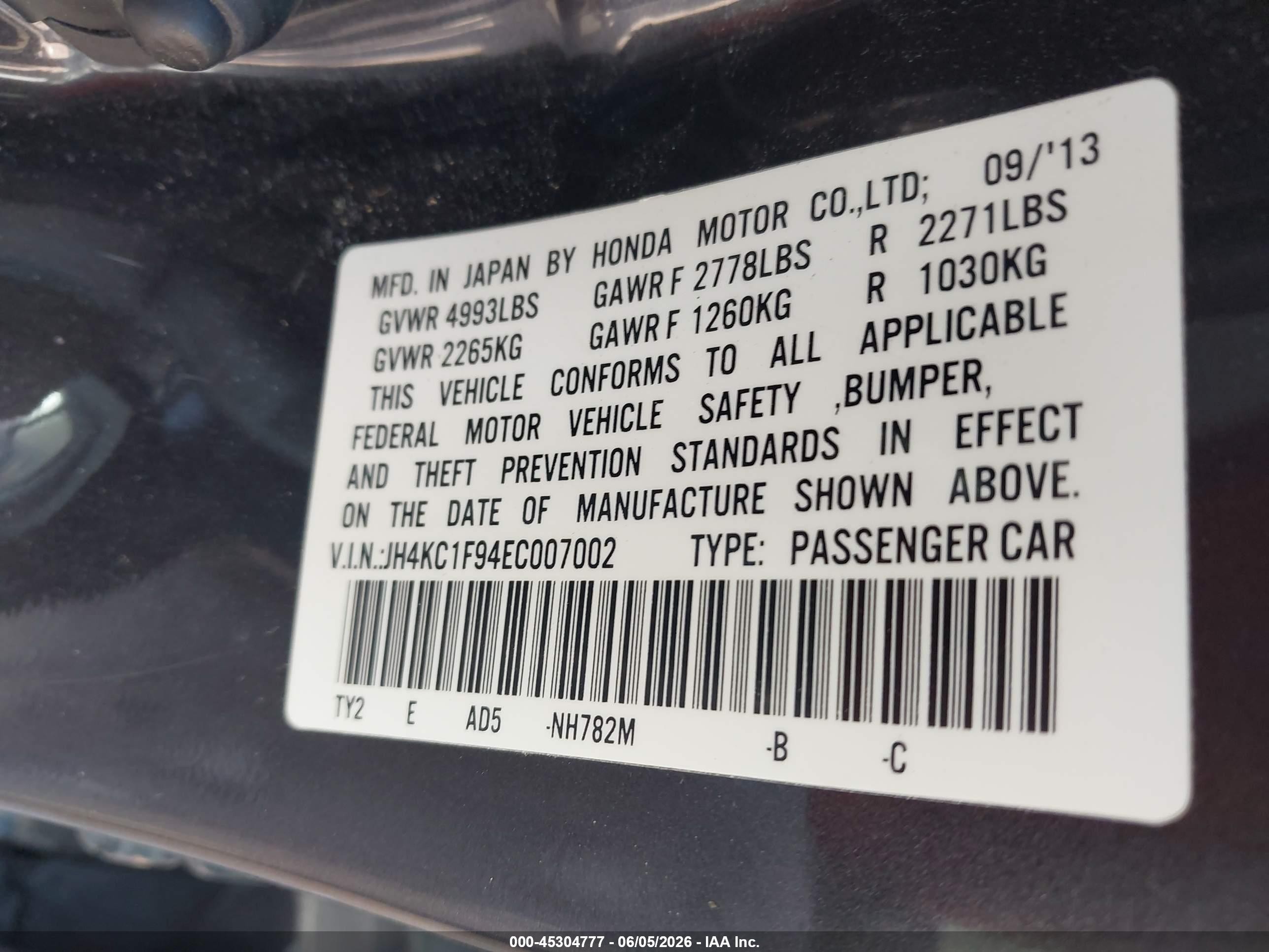 2014 Acura Rlx   Black vin: JH4KC1F94EC007002