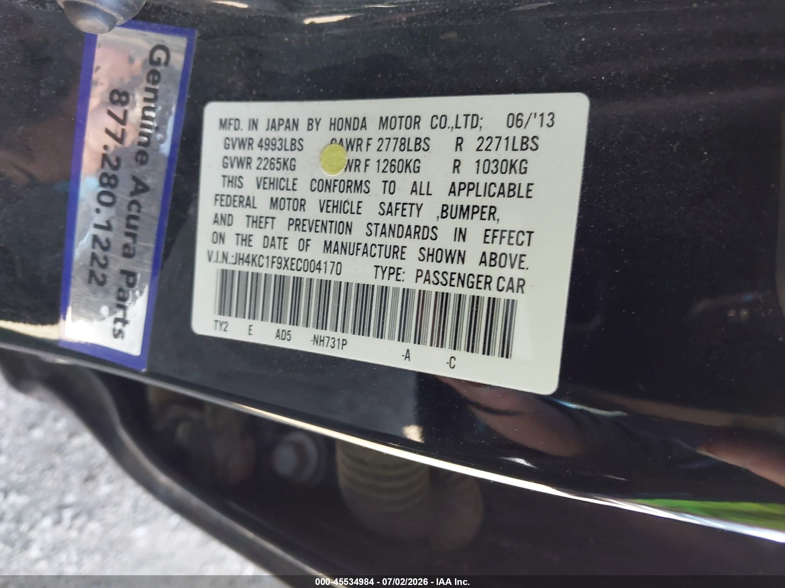 2014 Acura Rlx   Black vin: JH4KC1F9XEC004170
