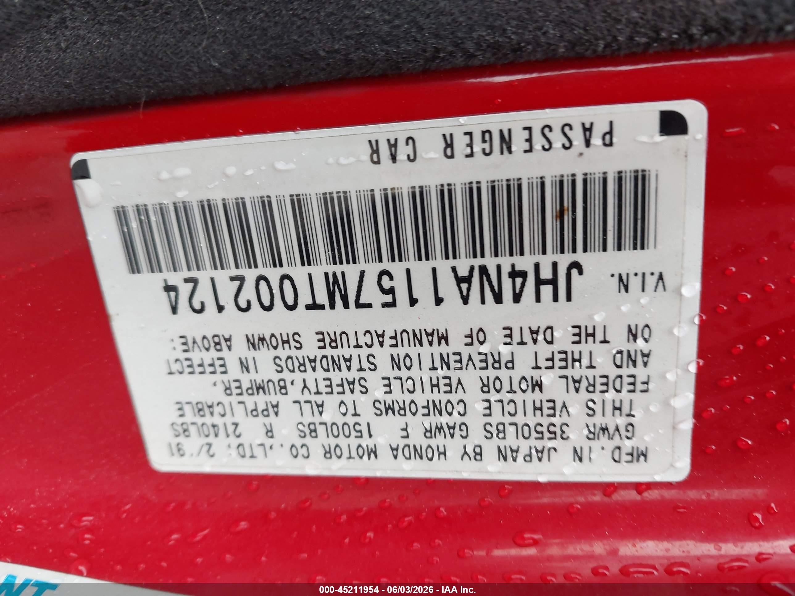 1991 Acura Nsx Red vin: JH4NA1157MT002124