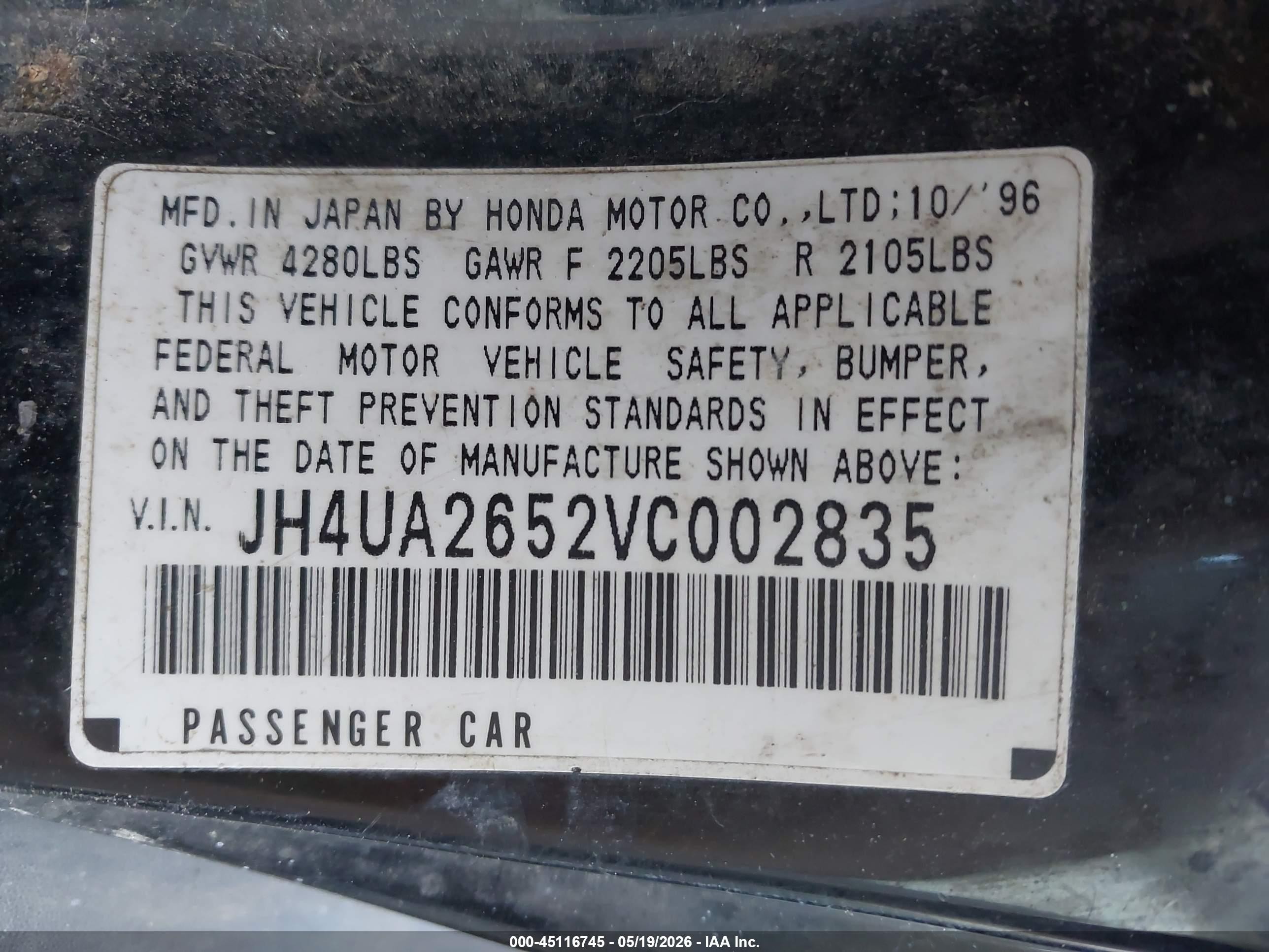1997 Acura Tl 2.5 Black vin: JH4UA2652VC002835