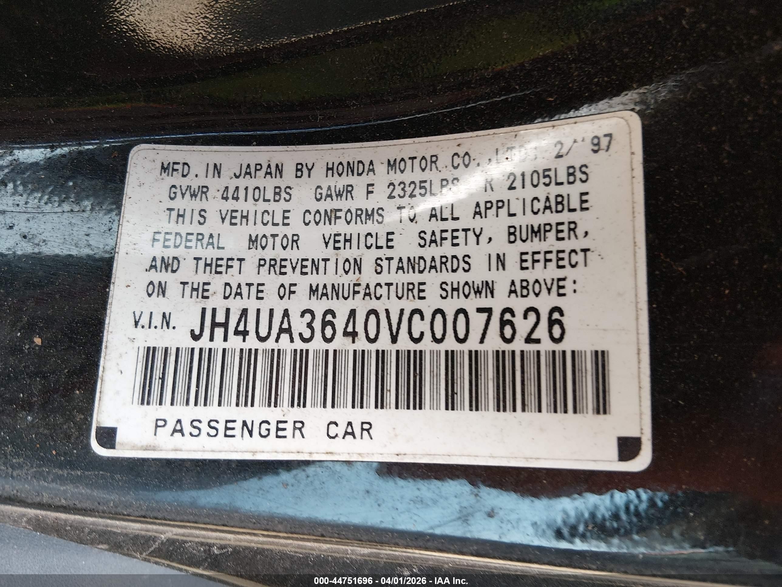 1997 Acura Tl 3.2 Black vin: JH4UA3640VC007626