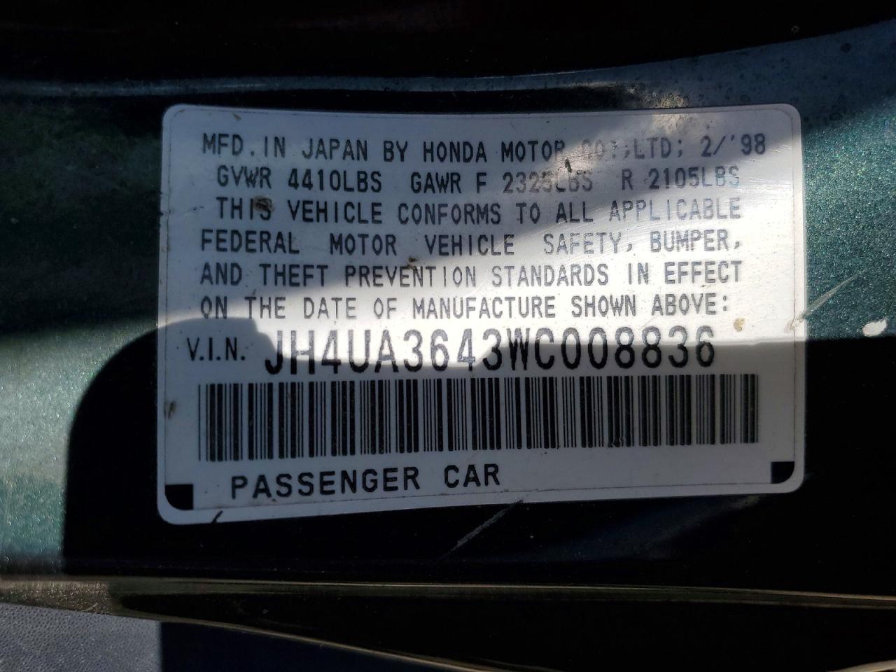 1998 Acura 3.2tl Green vin: JH4UA3643WC008836