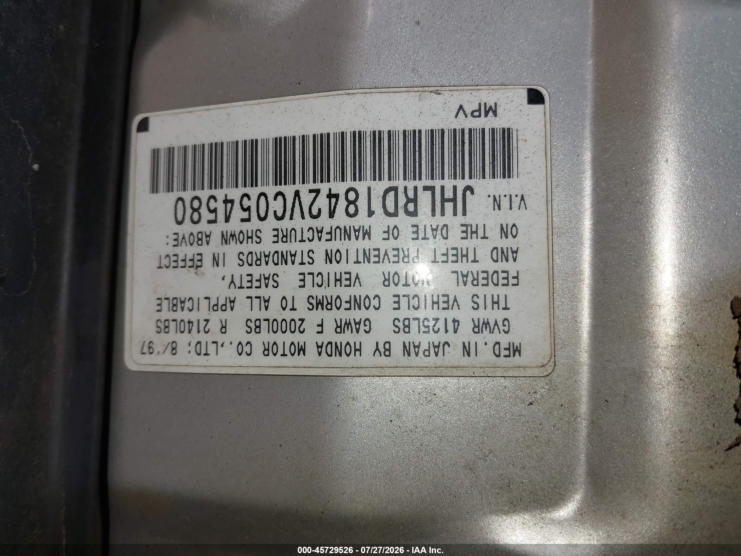 1997 Honda Cr-v   Gray vin: JHLRD1842VC054580