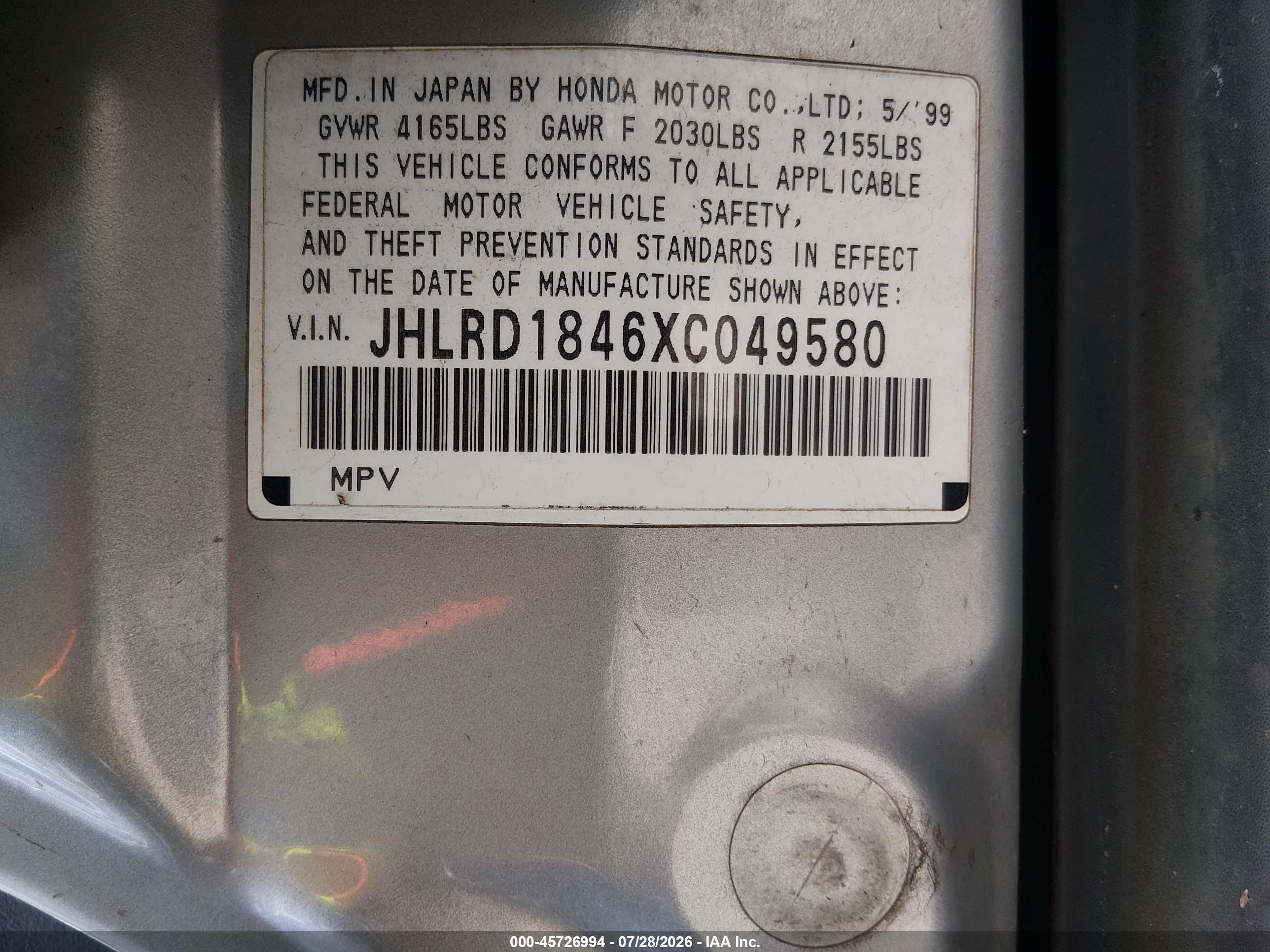 1999 Honda Cr-v Lx Silver vin: JHLRD1846XC049580