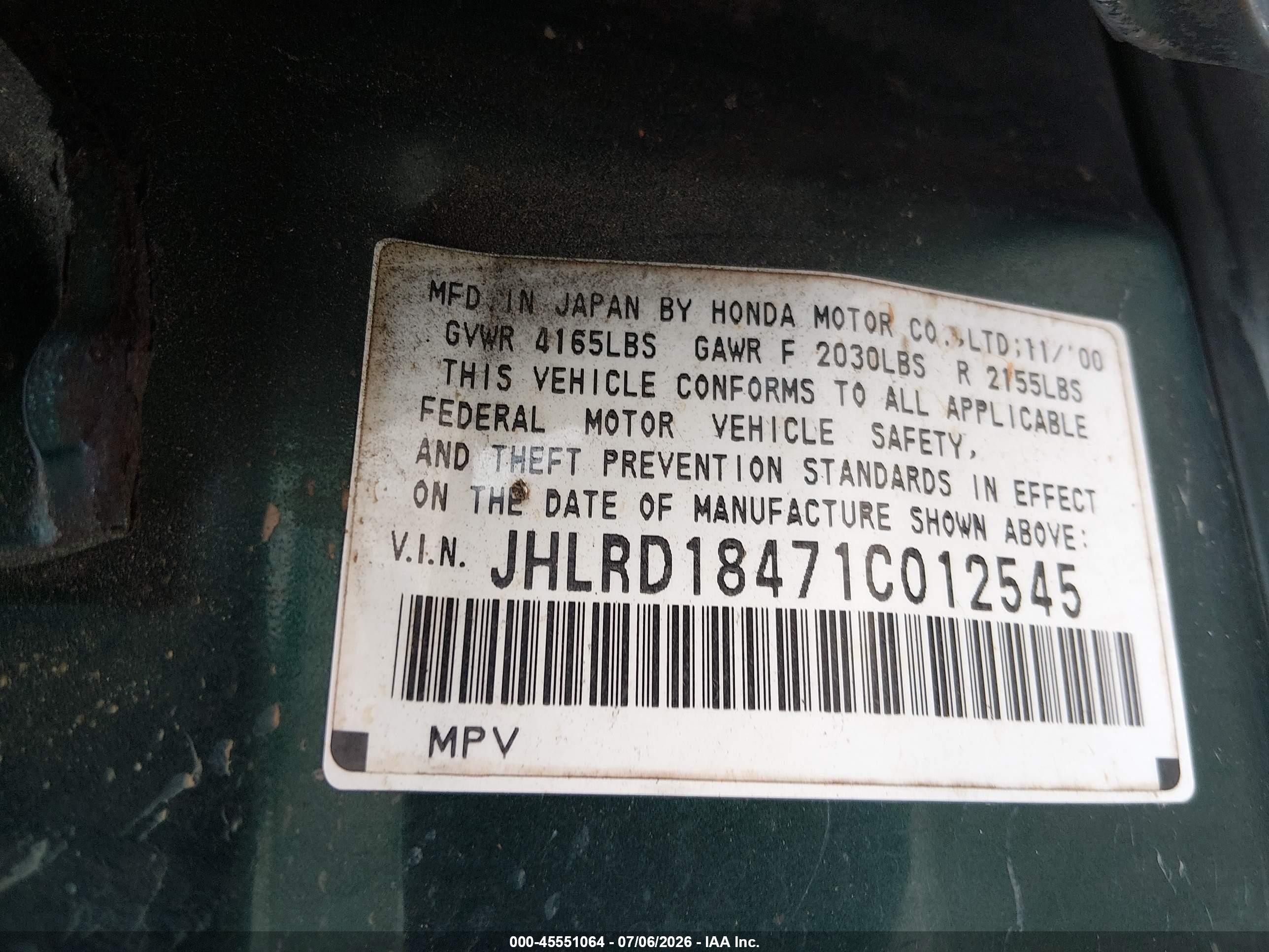 2001 Honda Cr-v Lx Green vin: JHLRD18471C012545
