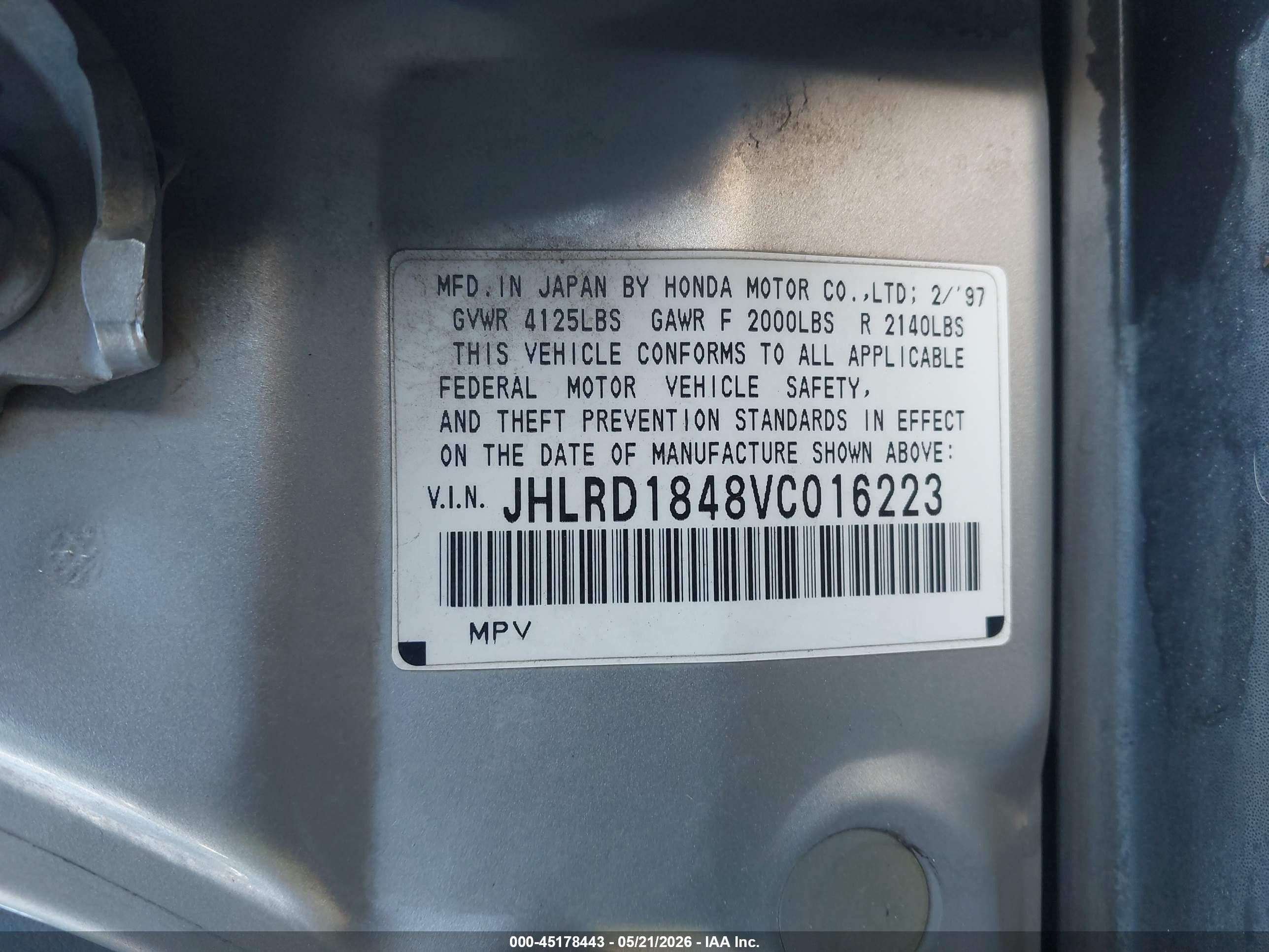 1997 Honda Cr-v   Silver vin: JHLRD1848VC016223